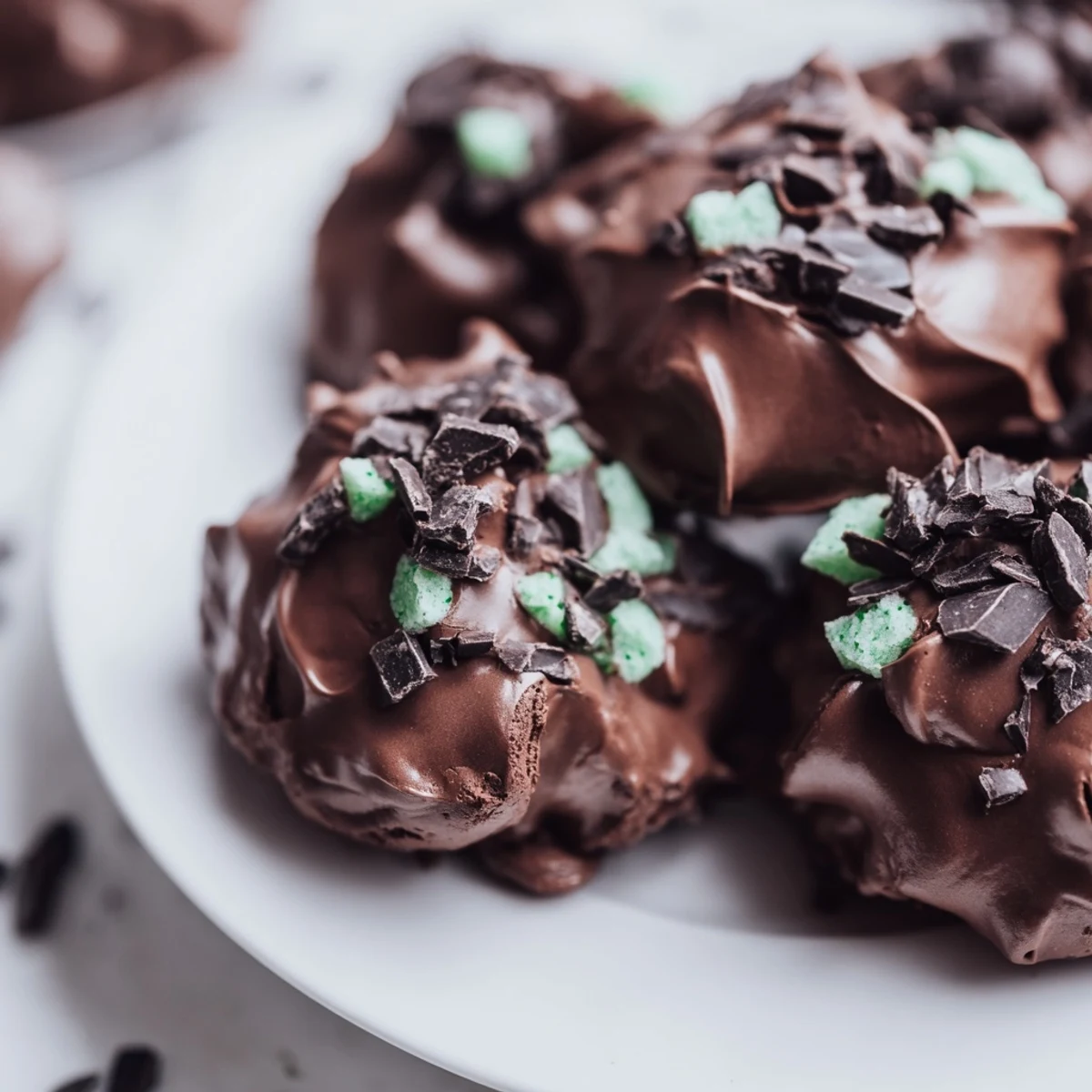 Fluffy dark chocolate and mint chip clouds meringue cookies piled on a white baking sheet