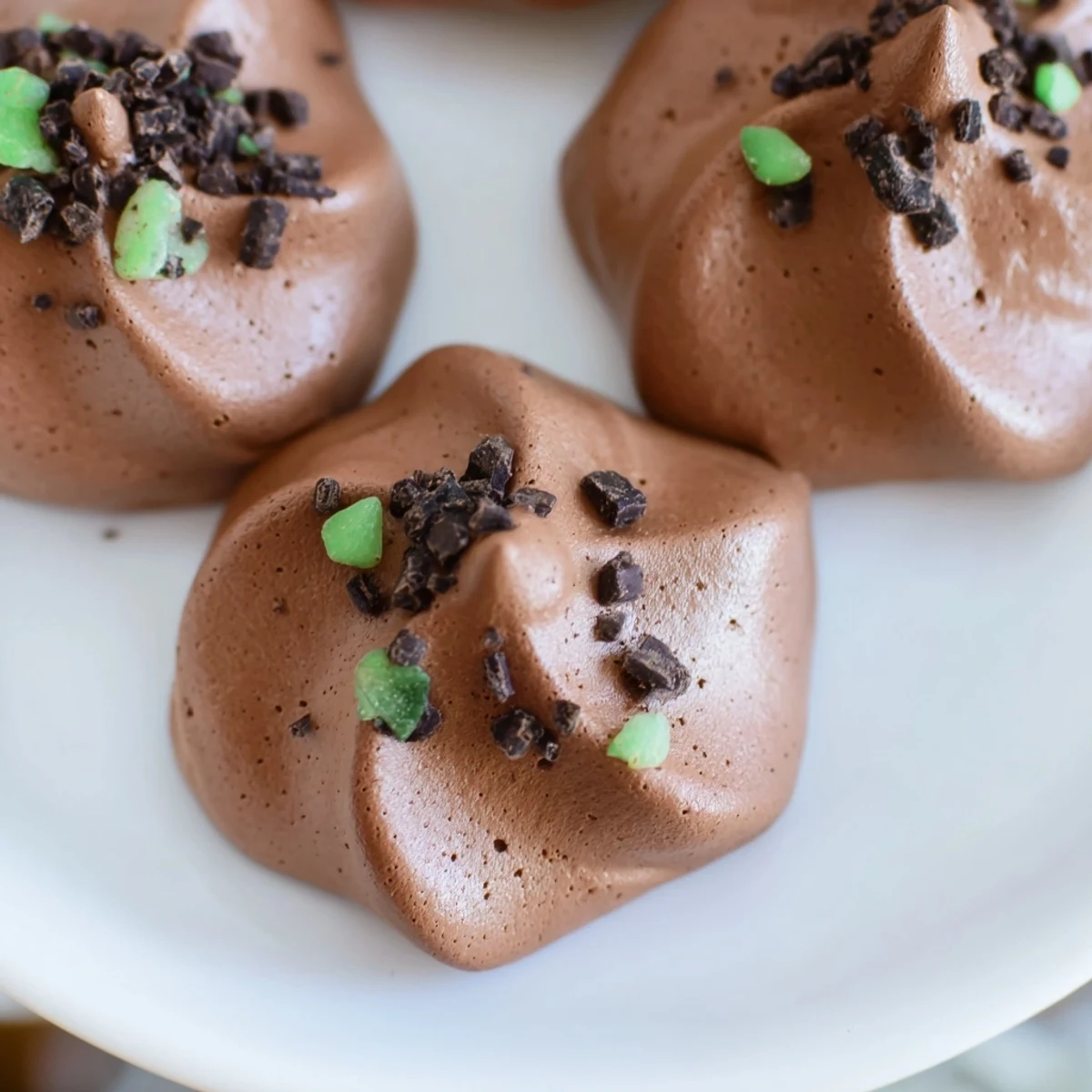 Glossy chocolate meringue clouds studded with mint chips cooling on parchment paper after baking