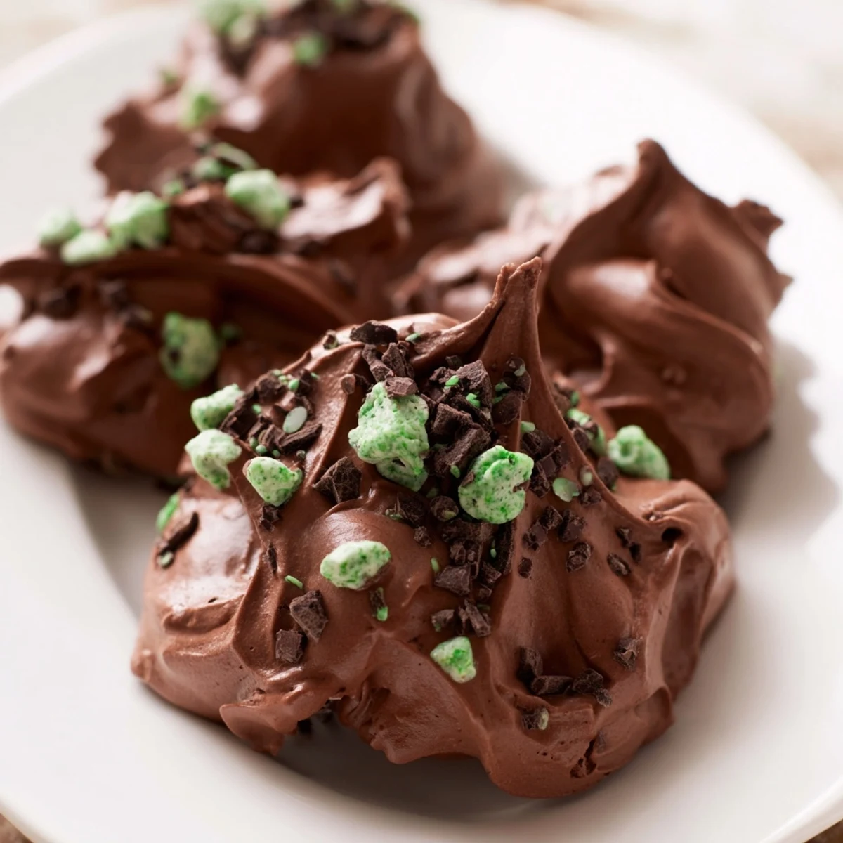 Airy mint chip and dark chocolate meringue cookies drizzled with melted chocolate on wire rack