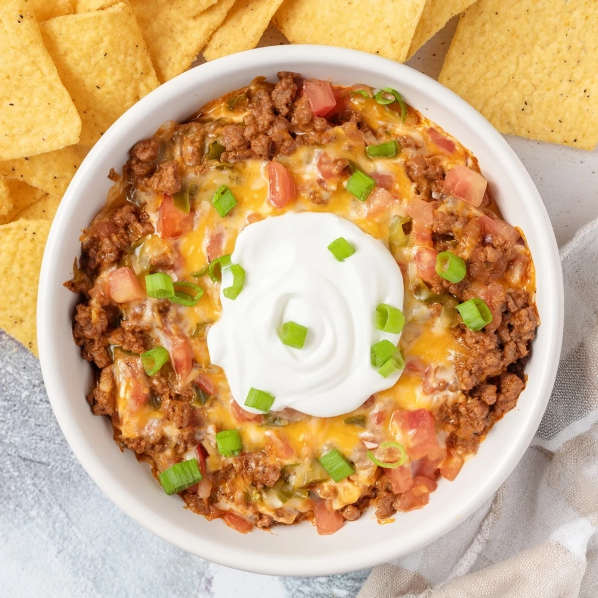 Creamy Rotel dip with seasoned ground beef bubbling in a serving bowl, garnished with green onions.