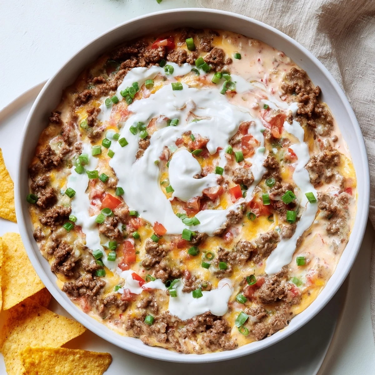 Golden melted Rotel dip featuring ground beef and sour cream, served with crispy tortilla chips for dipping.