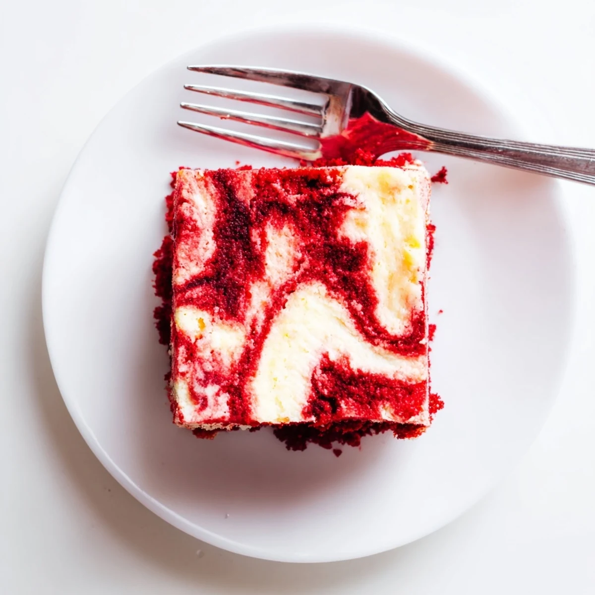 Moist red velvet cake marbled with creamy cheesecake swirls on a white serving plate