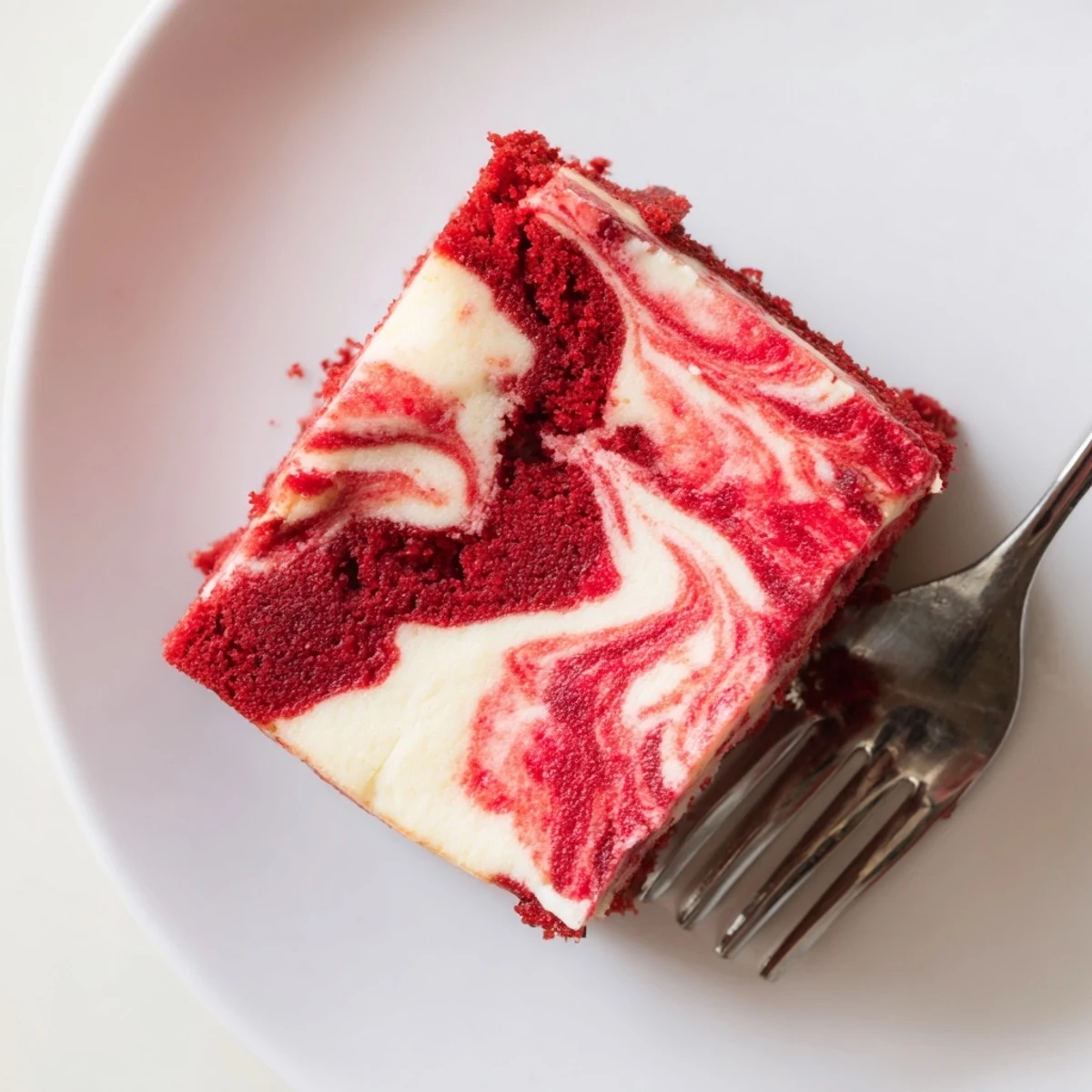 Sliced red velvet cheesecake swirl cake revealing the beautiful marbled pattern inside