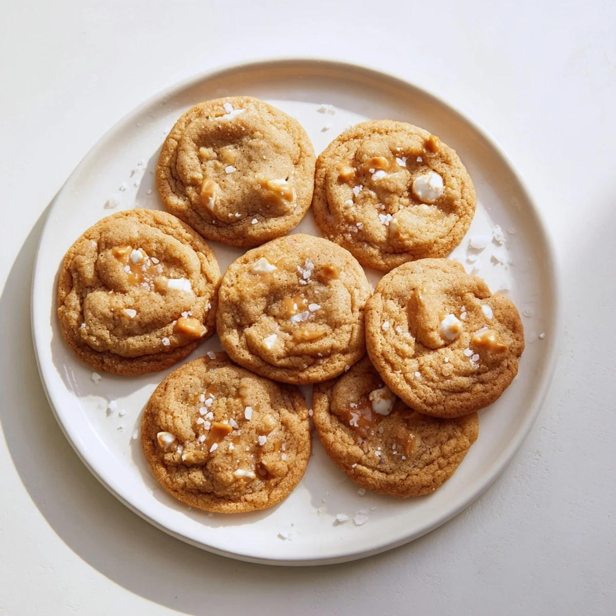 Golden brown sea salt caramel cookies with melted caramel bits and flaky salt topping on a wooden board