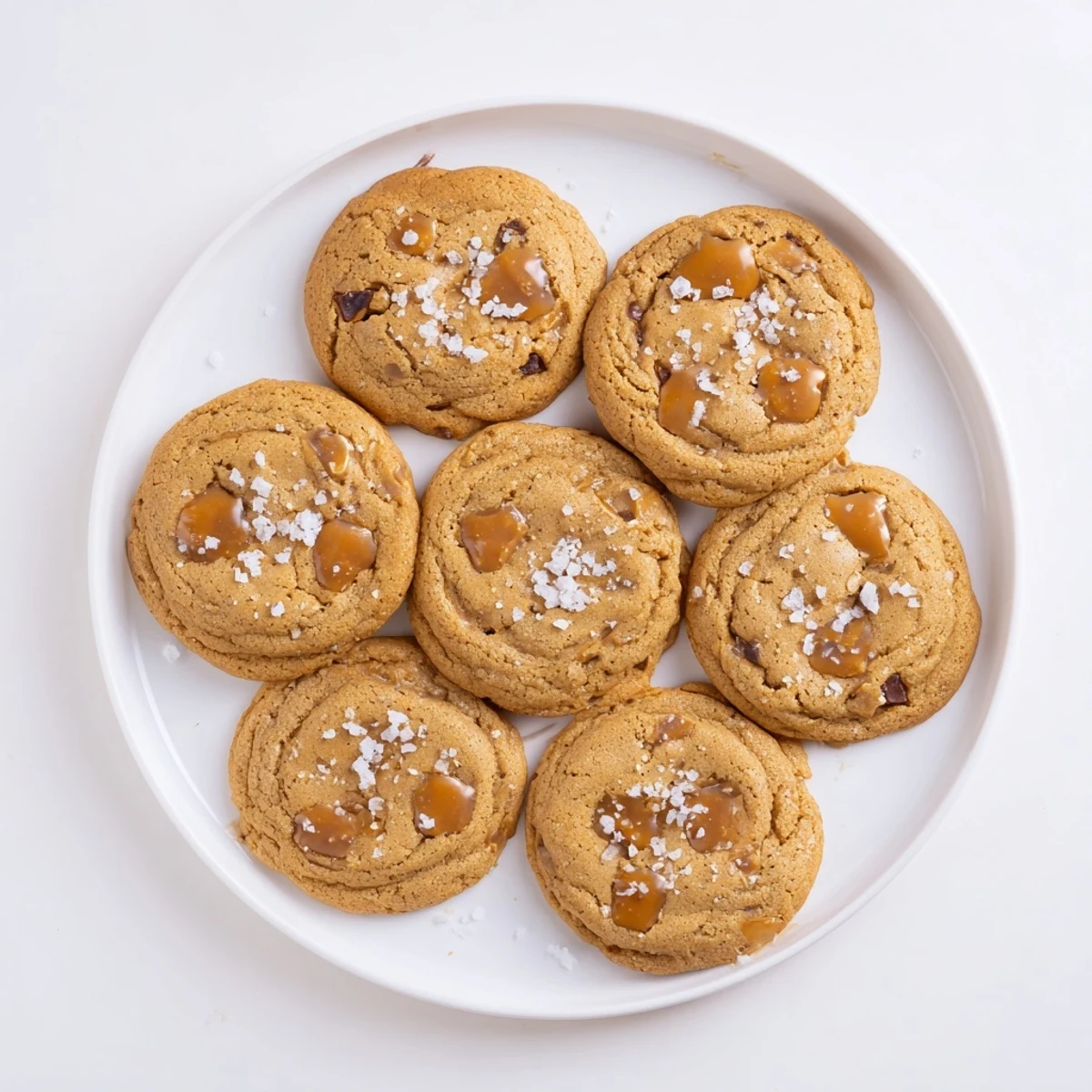 Stack of buttery sea salt caramel cookies sprinkled with coarse salt on a white plate