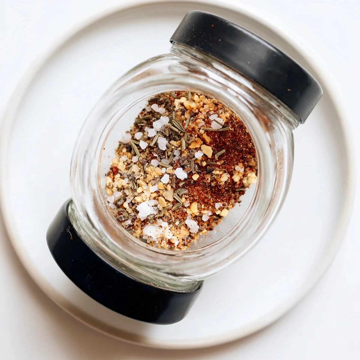 Copycat Montreal Steak Seasoning arranged on wooden cutting board surrounded by whole spices measuring spoons and fresh rosemary sprigs