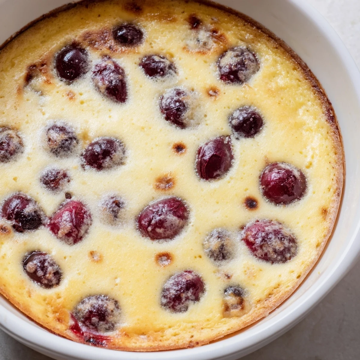 Golden baked cherry custard with juicy red fruits floating in creamy vanilla custard