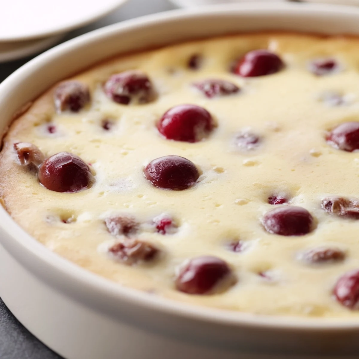 Cherry custard dessert sprinkled with powdered sugar and topped with fresh whipped cream