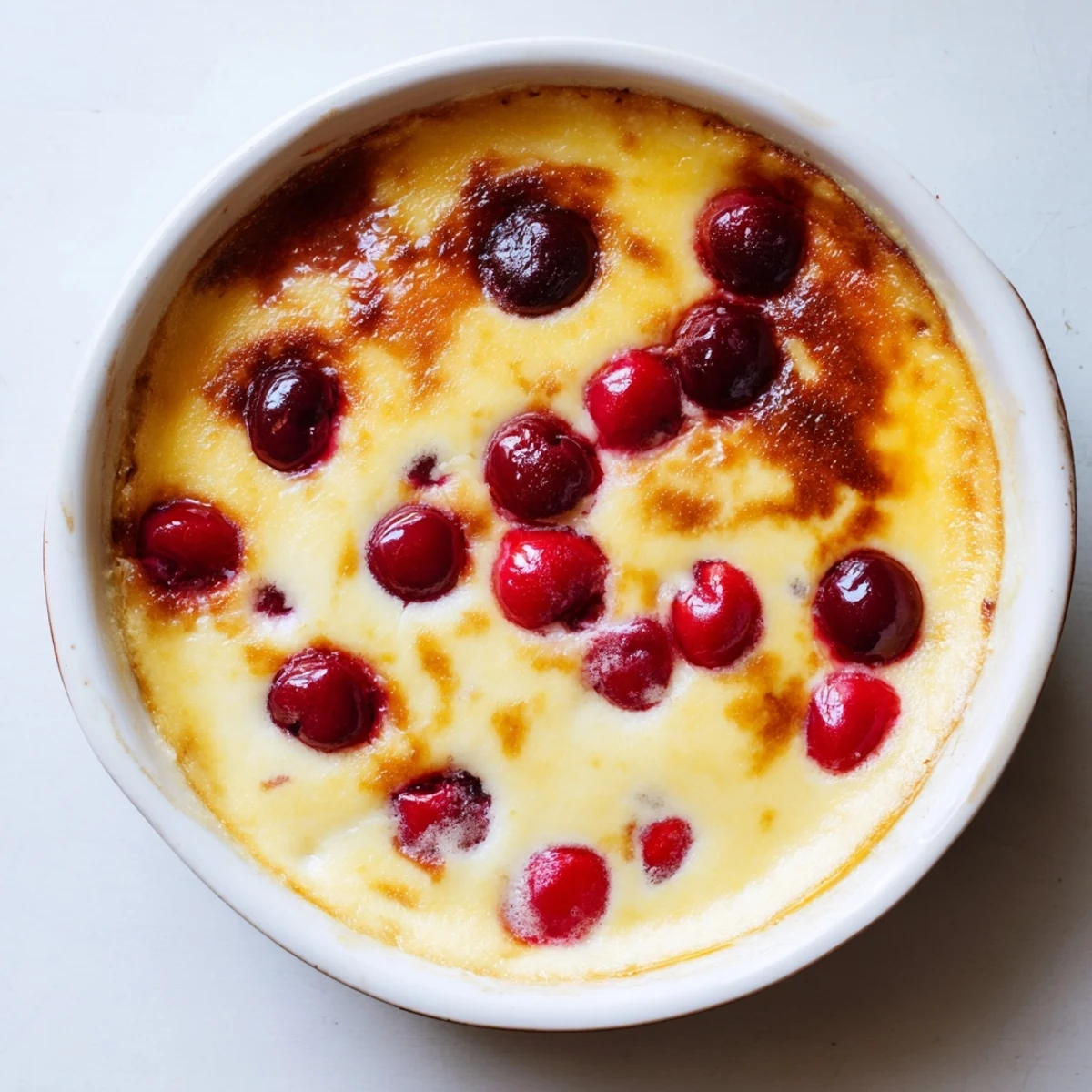 Creamy cherry custard in a white baking dish with scattered ripe cherries on top