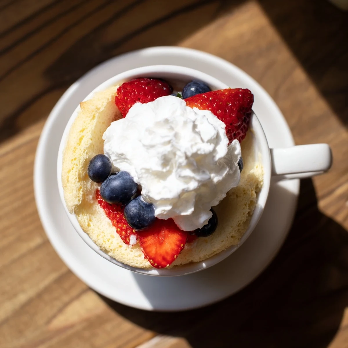 Fluffy white angel food cake topped with whipped cream and fresh red strawberries in a ceramic mug