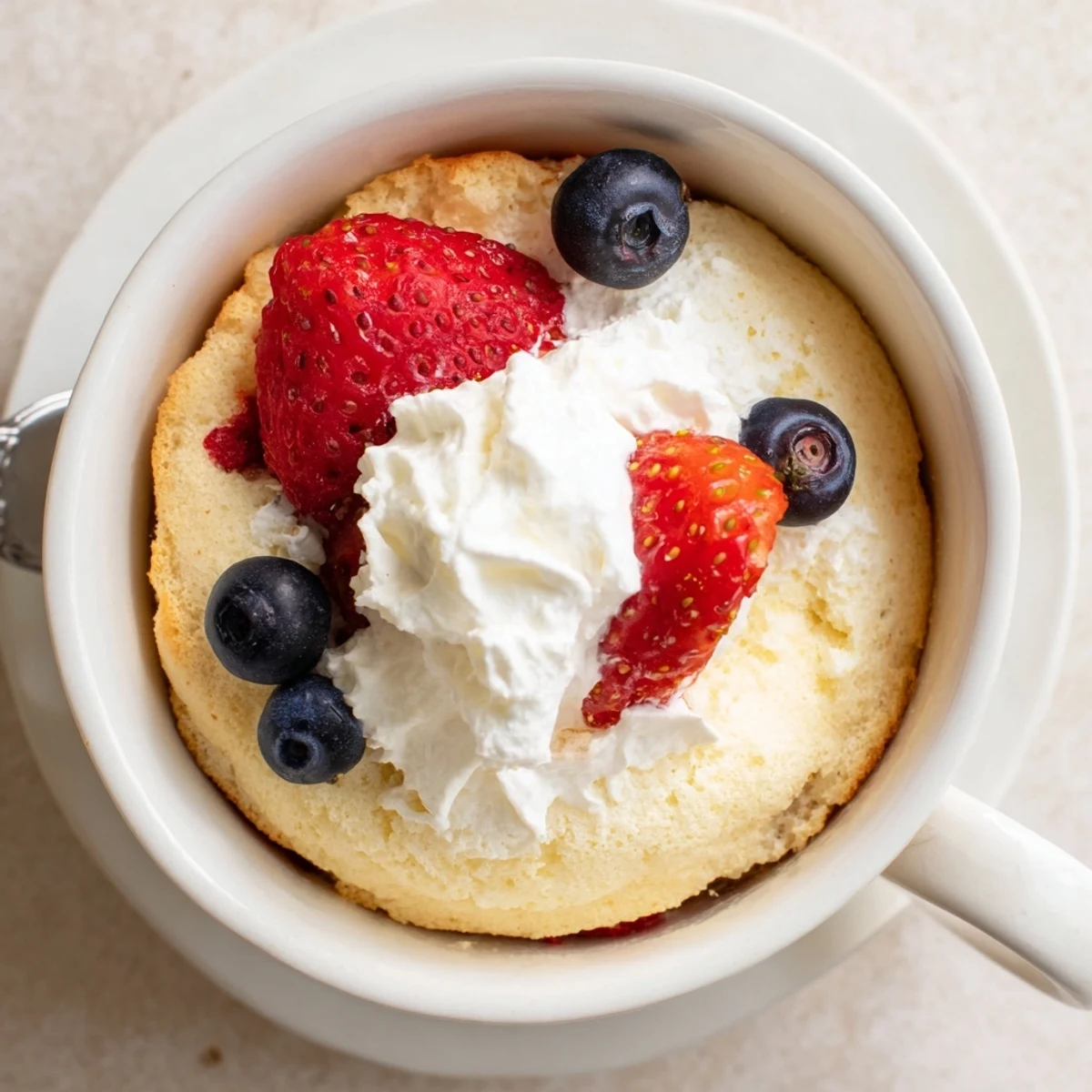Golden brown air fryer angel food cake rising high in a white mug with blueberry garnish
