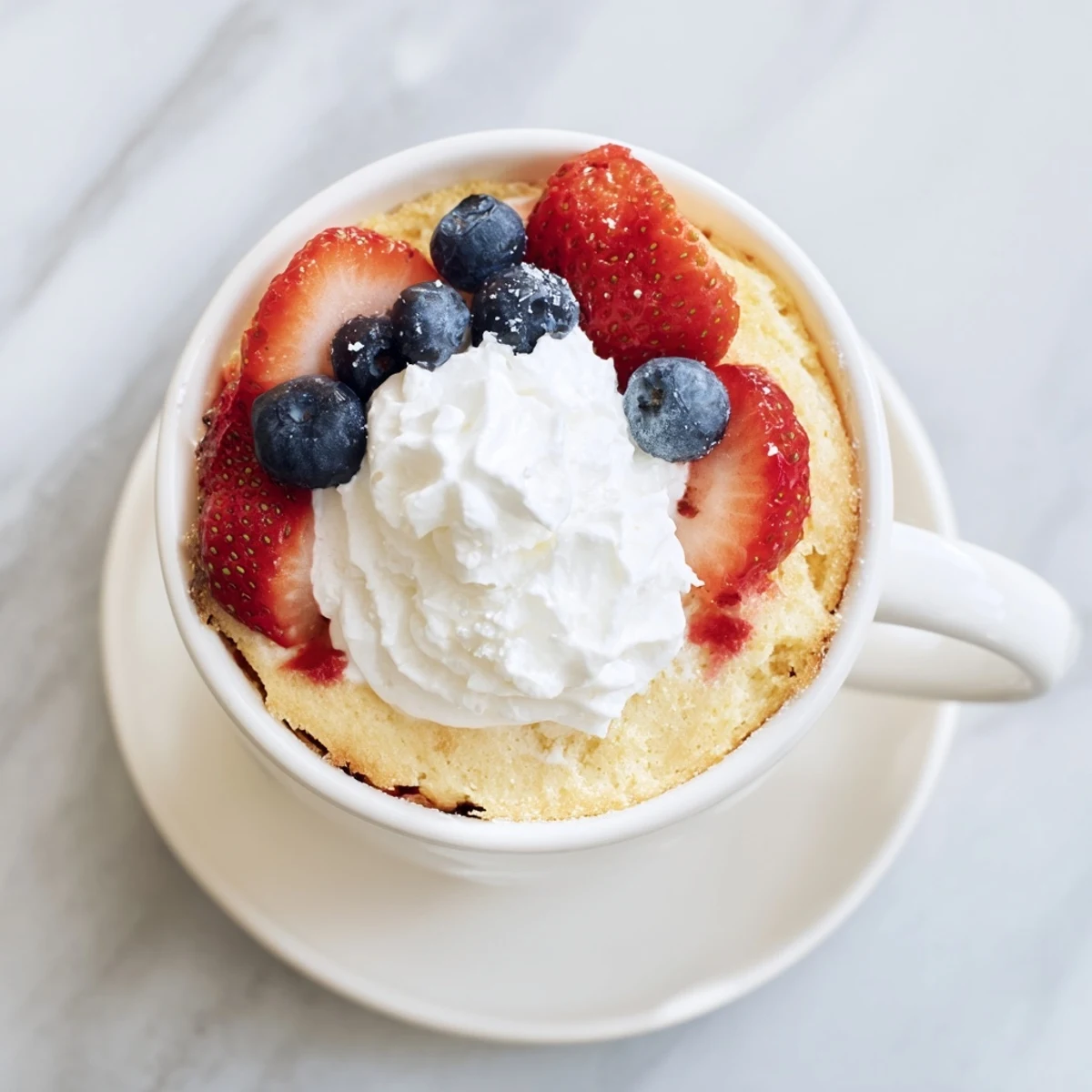 Individual angel food cake dessert served with dollop of cream and mixed berries in a mug