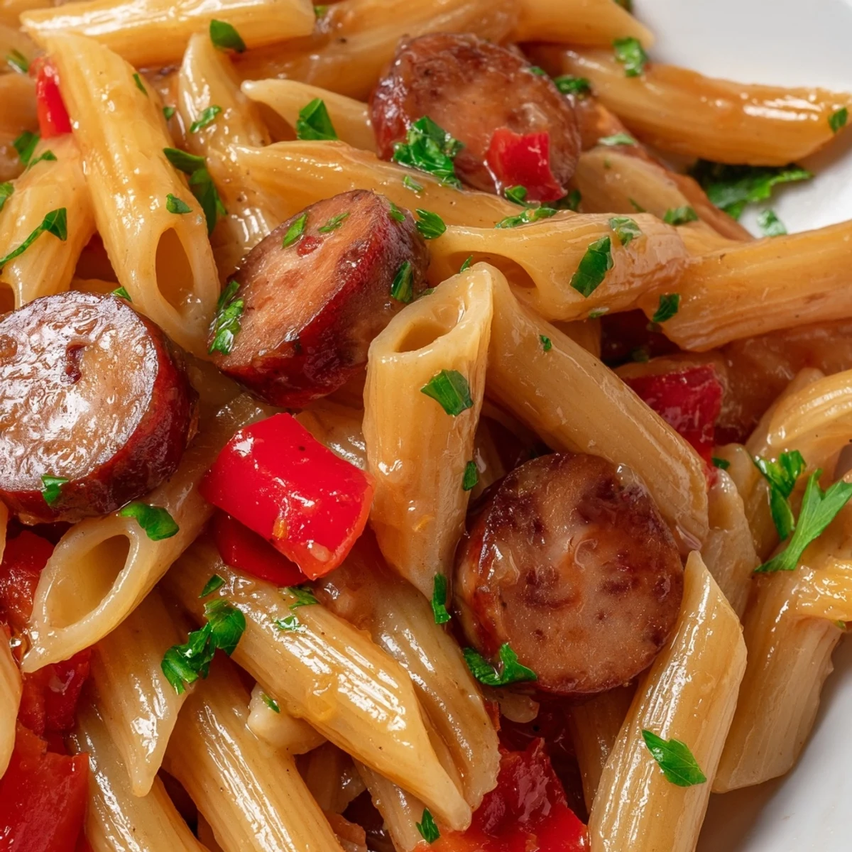 Golden sticky honey garlic sausage pasta skillet with glossy coating and fresh parsley garnish