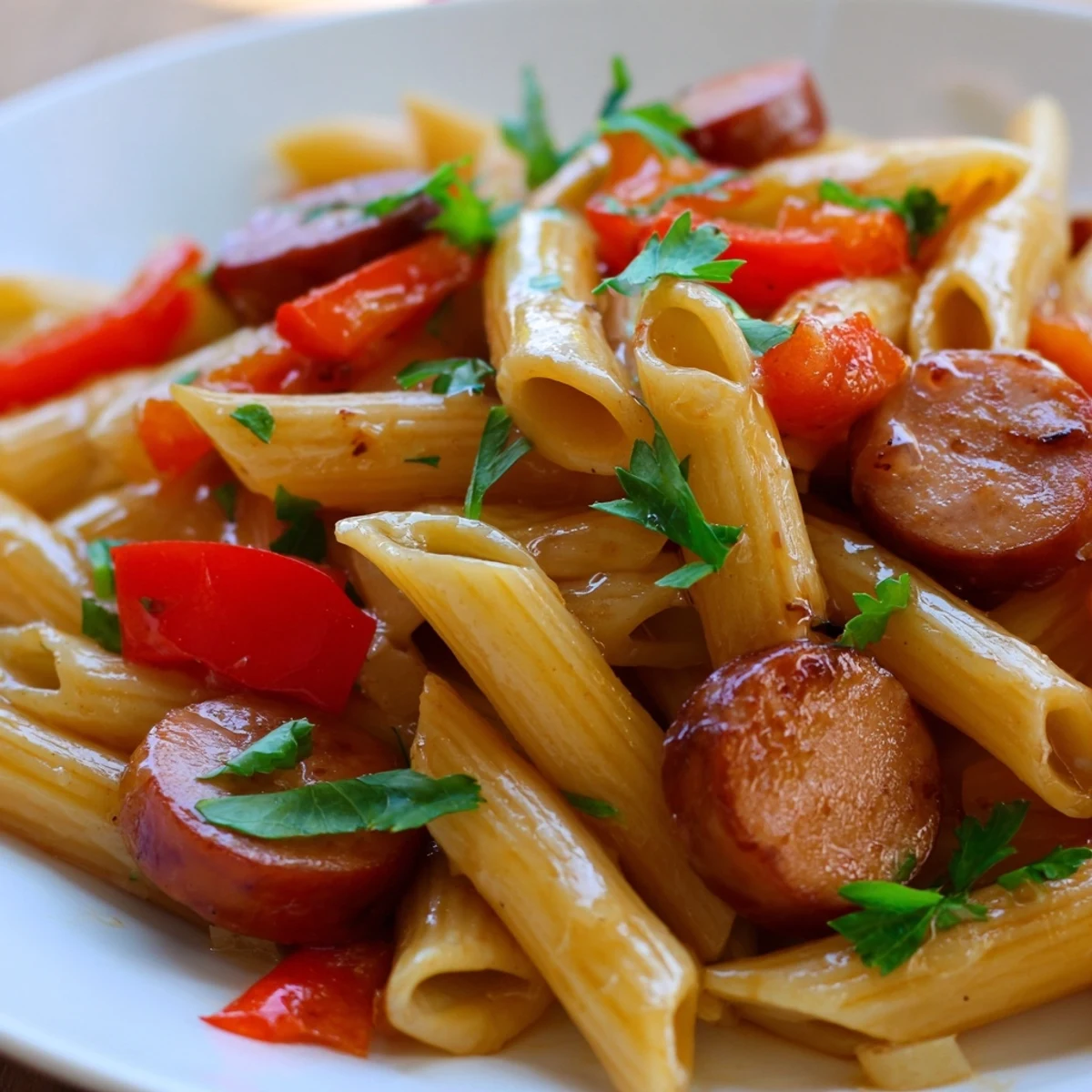 One-pan honey garlic sausage pasta featuring tender rigatoni coated in sweet sticky sauce