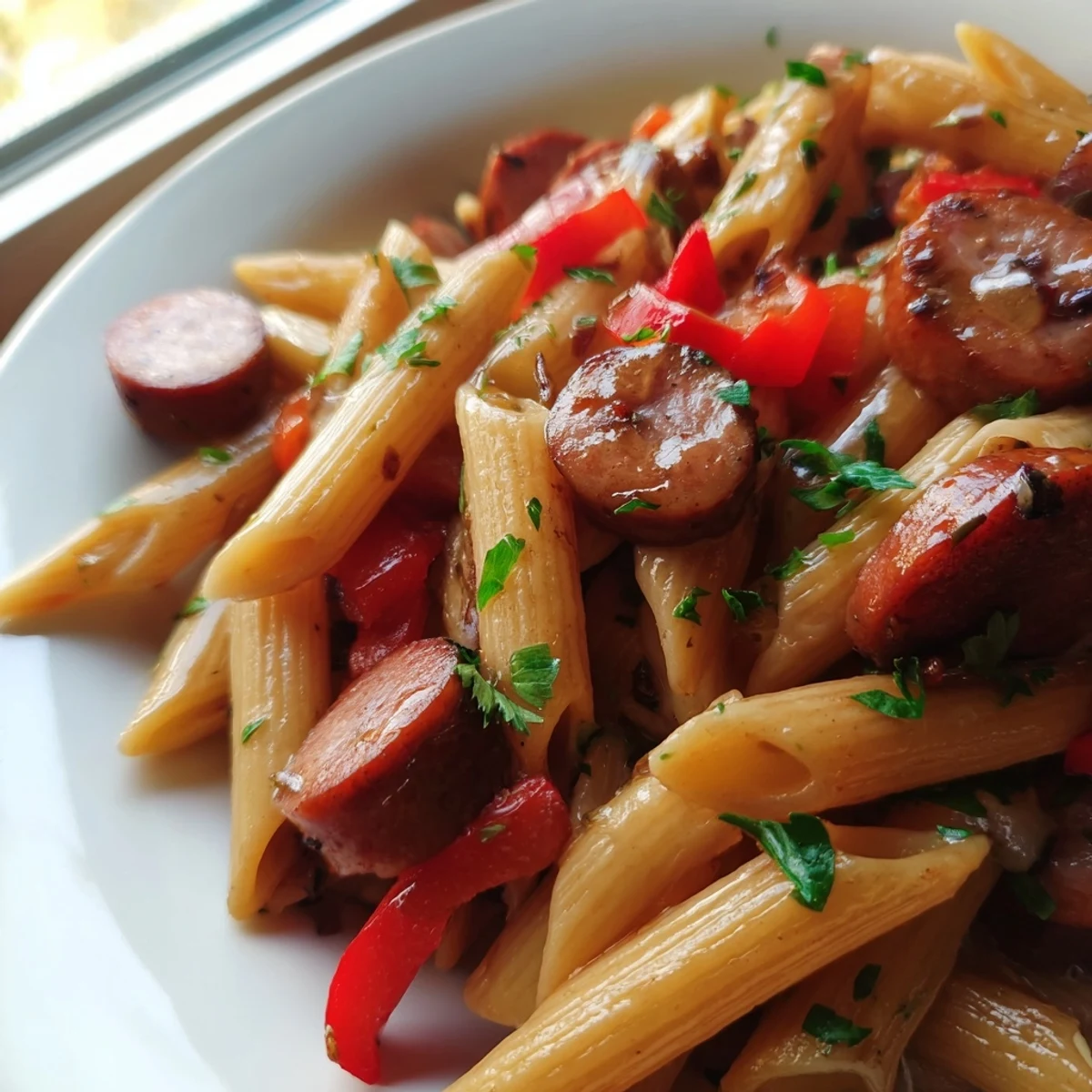 Savory smoked sausage and penne tossed in rich honey garlic glaze in a cast iron skillet