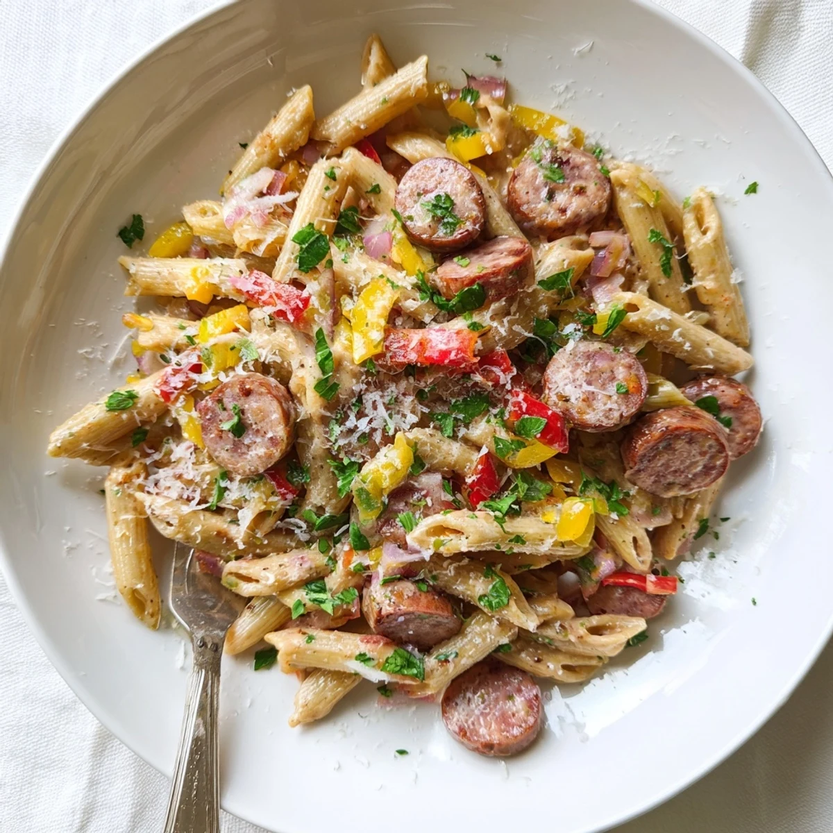 Creamy Cajun sausage pasta with smoky slices and tender penne in a rich spiced sauce