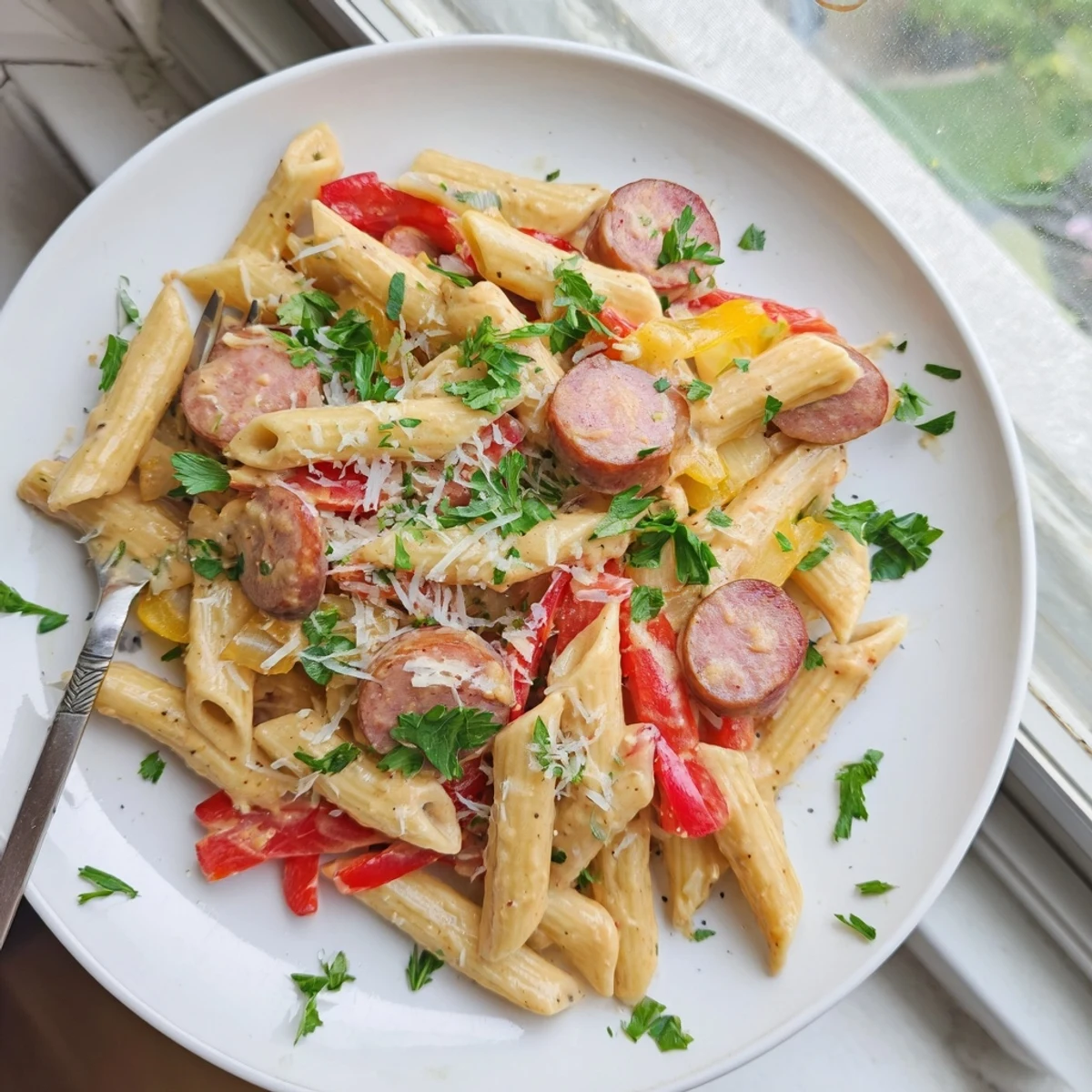 One pot creamy Cajun sausage pasta featuring browned andouille and colorful bell peppers