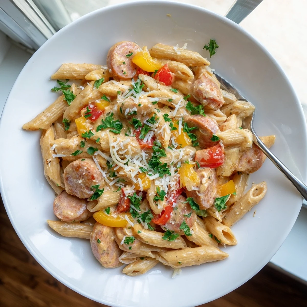 Steaming bowl of Cajun sausage pasta with parmesan garnish and red pepper flecks