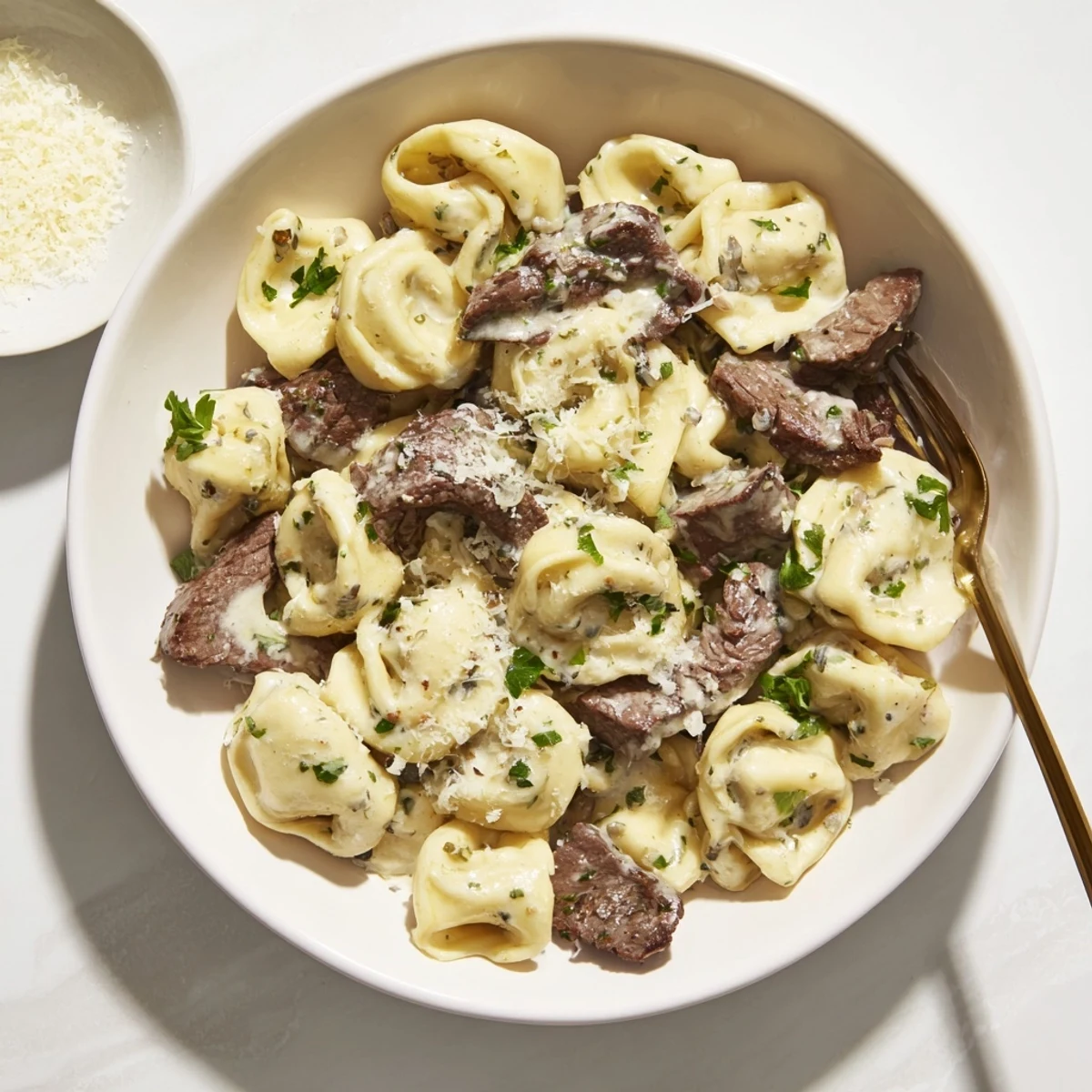 Savory cracked garlic steak tortellini in rich creamhouse sauce served in a white bowl with lemon zest
