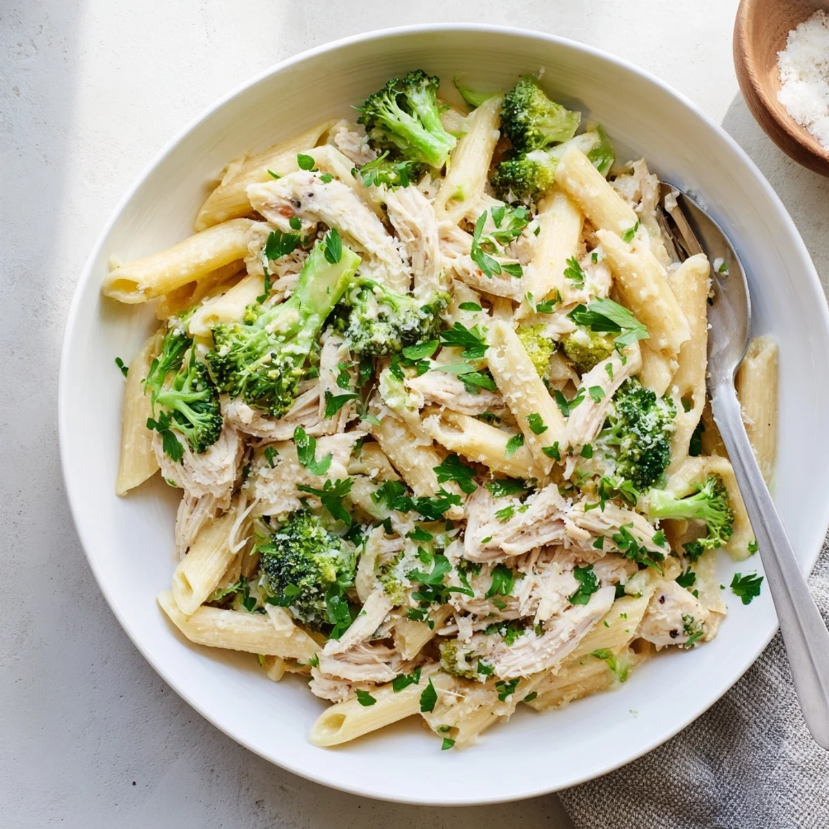Creamy rotisserie chicken broccoli pasta in a white ceramic bowl topped with fresh parsley and grated Parmesan