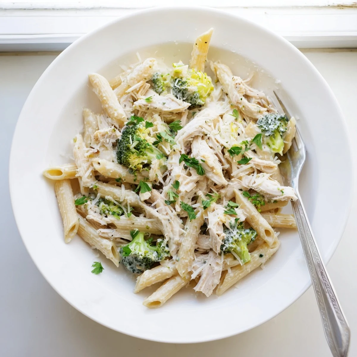 Close-up of rotisserie chicken broccoli pasta showing creamy coating on pasta with bright green broccoli pieces