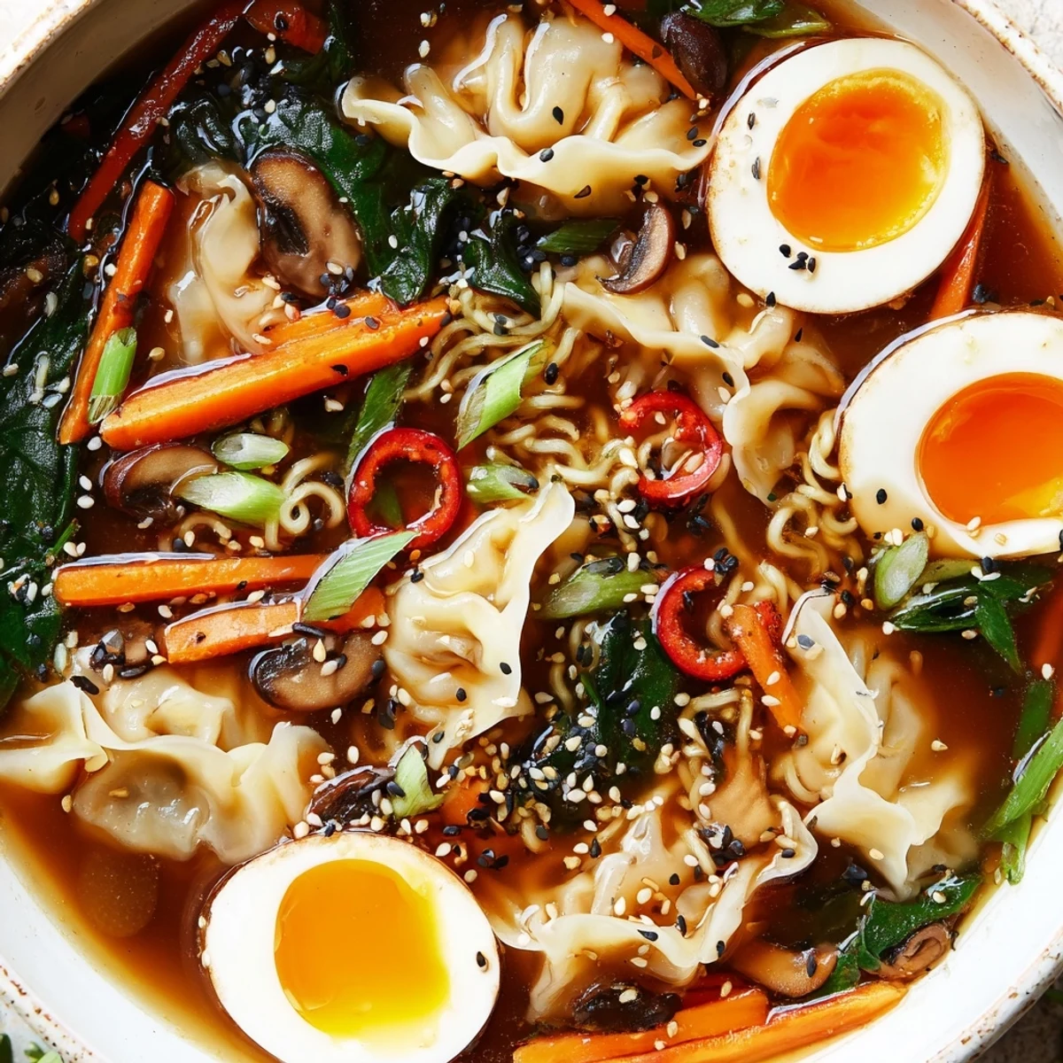 Steaming bowl of savory dumpling ramen with tender noodles, spinach, carrots, and soft-boiled egg garnished with green onions