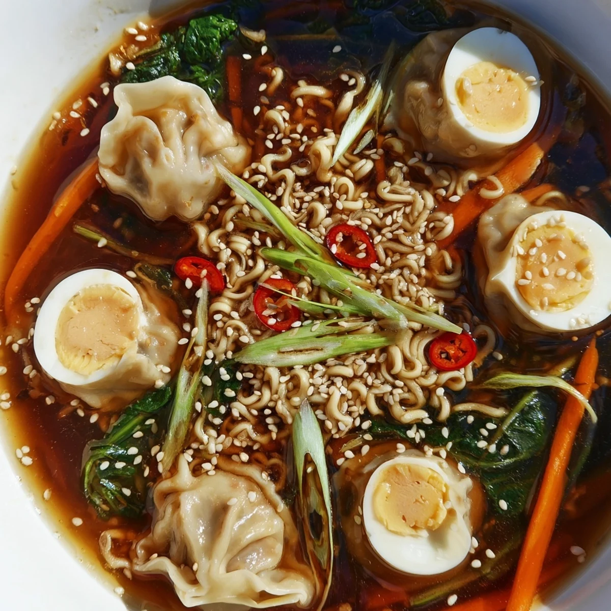 Savory dumpling ramen soup featuring floating pork dumplings, shiitake mushrooms, and fresh vegetables in a rich miso broth