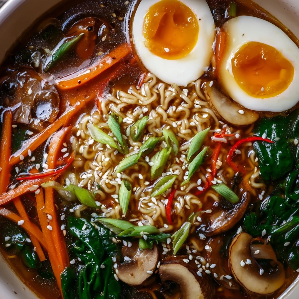Asian fusion dumpling ramen bowl with chewy noodles, crispy sesame seeds, sliced chili, and colorful vegetables in aromatic broth