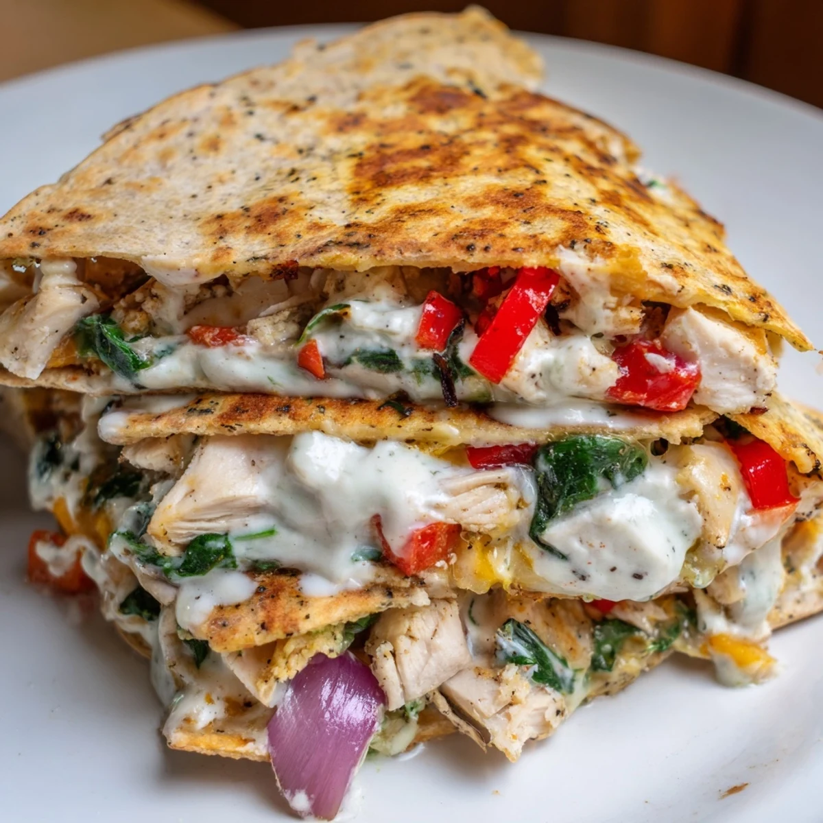 Golden brown high protein chicken ranch quesadilla sliced into wedges on a white plate