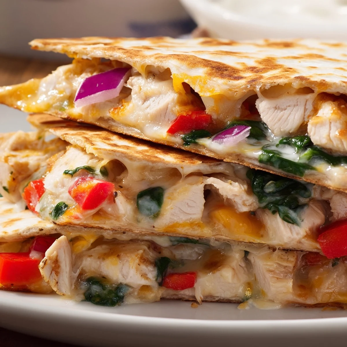 Mouthwatering high protein chicken ranch quesadilla featuring melted cheese, colorful vegetables, and seasoned grilled chicken