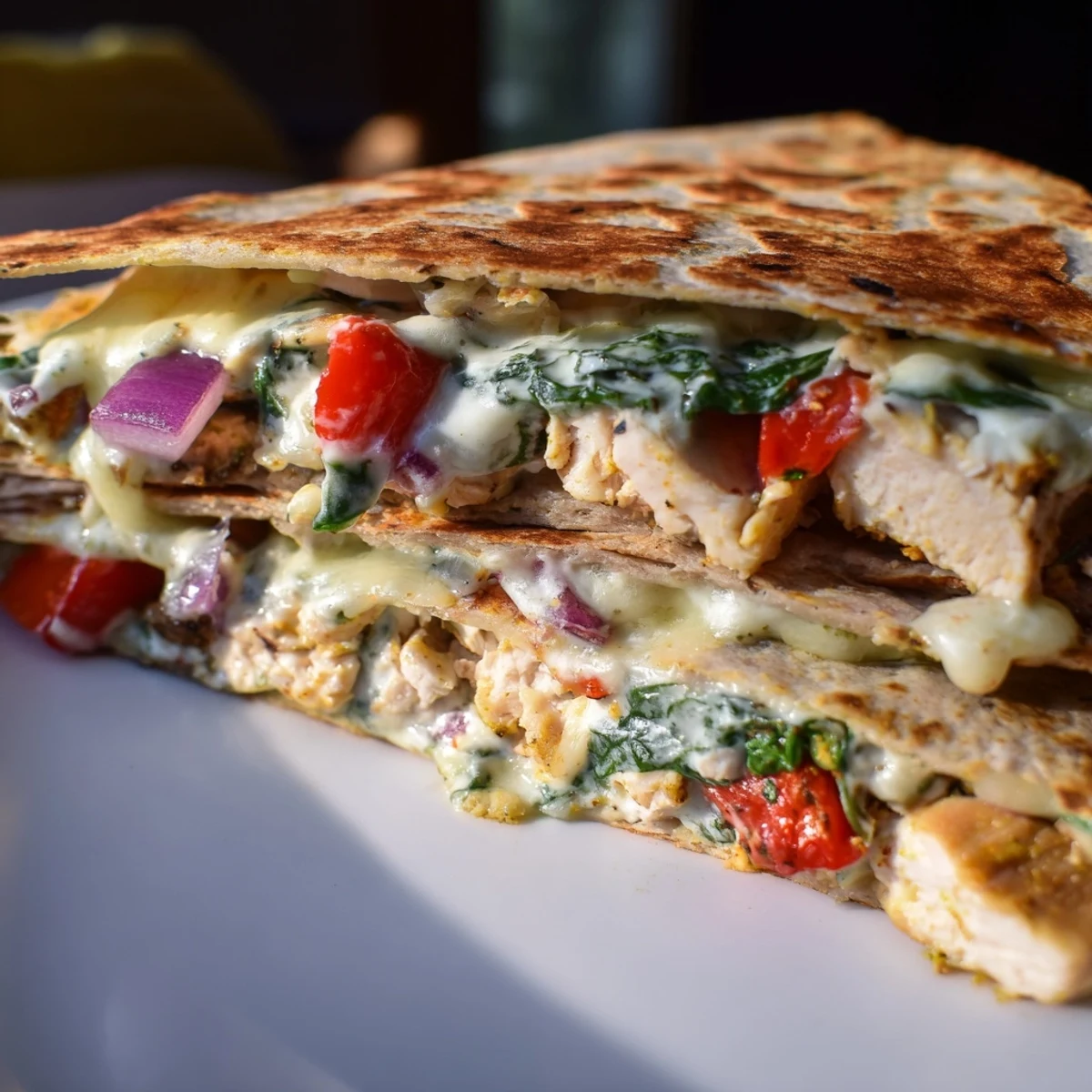 Delicious high protein chicken ranch quesadilla with a crispy tortilla folded over savory chicken and cheesy filling