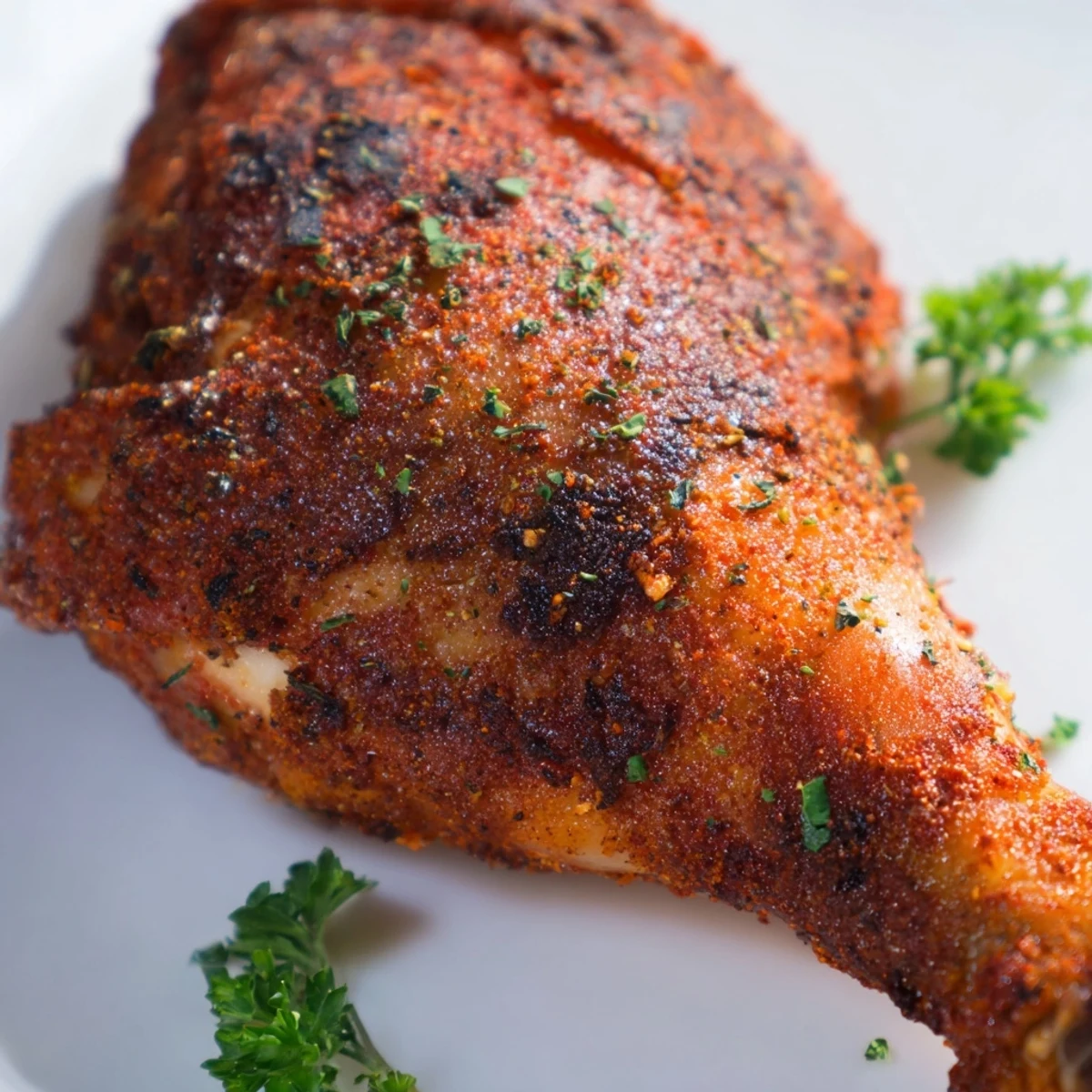 Golden brown paprika chicken legs with crisp roasted skin and vibrant red spice coating