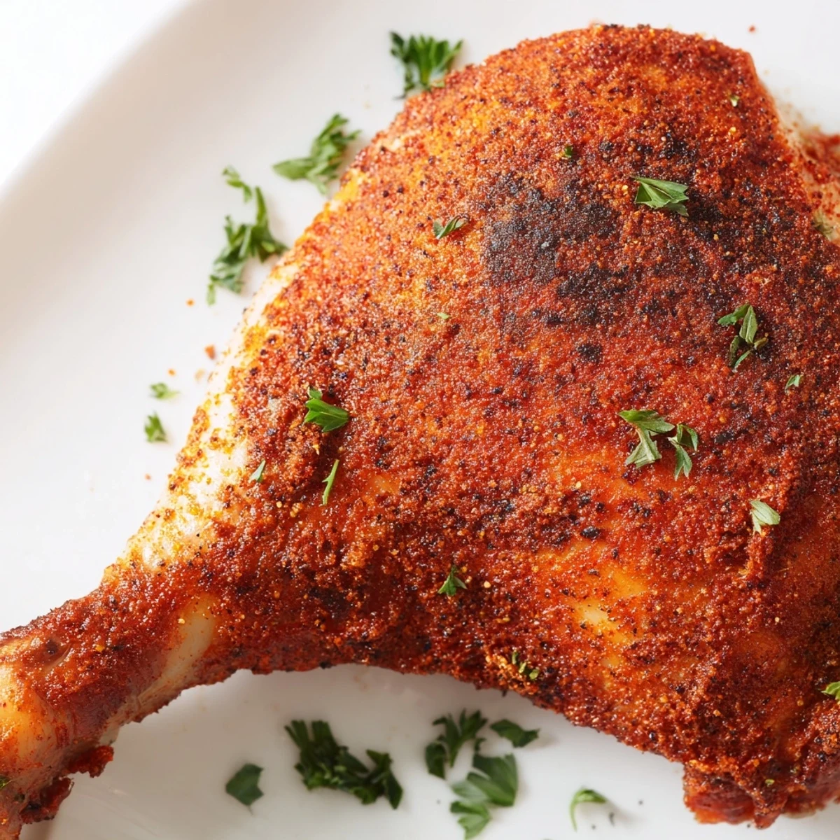 Tender juicy paprika chicken legs served on a white plate with fresh green parsley garnish