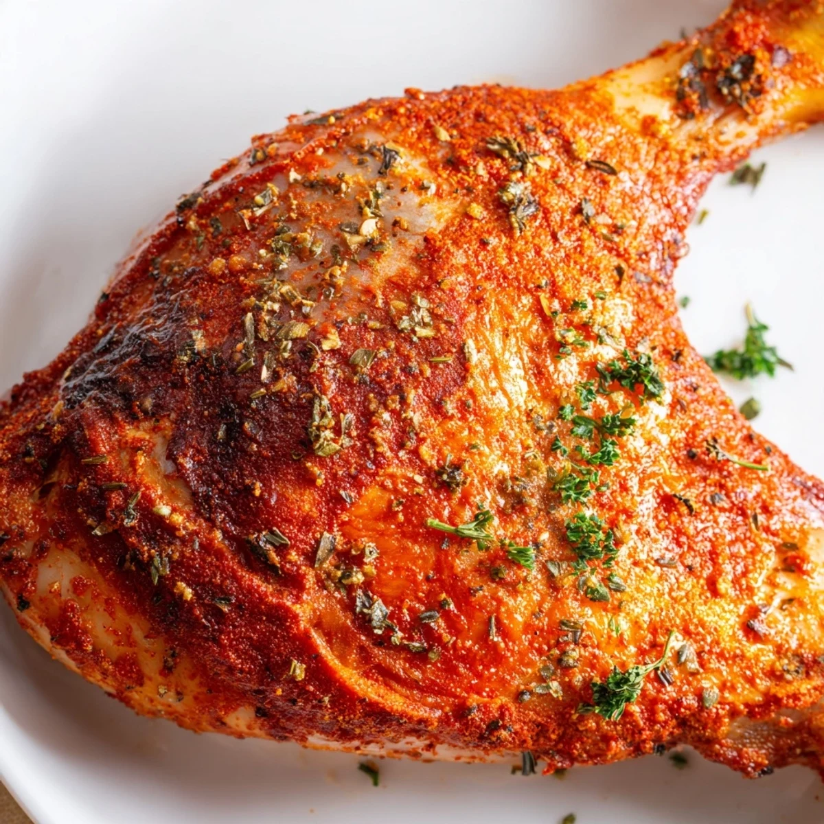 Four roasted paprika chicken legs arranged on a baking sheet with caramelized edges and crispy skin