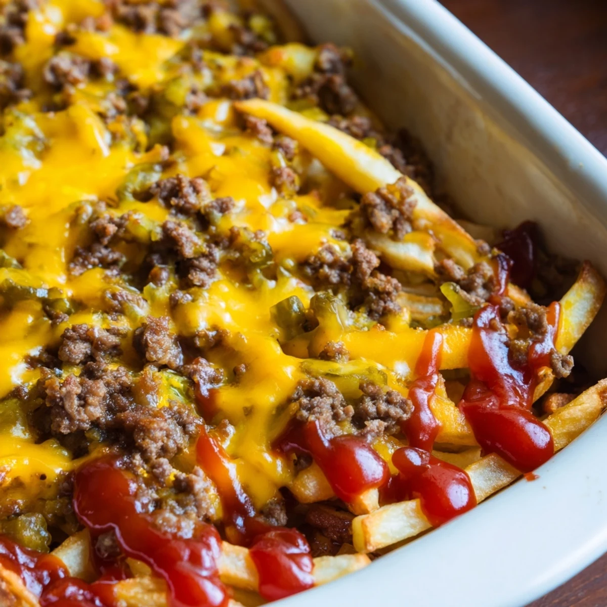 Golden cheeseburger french fry casserole bubbling with melted cheddar and crispy seasoned fries