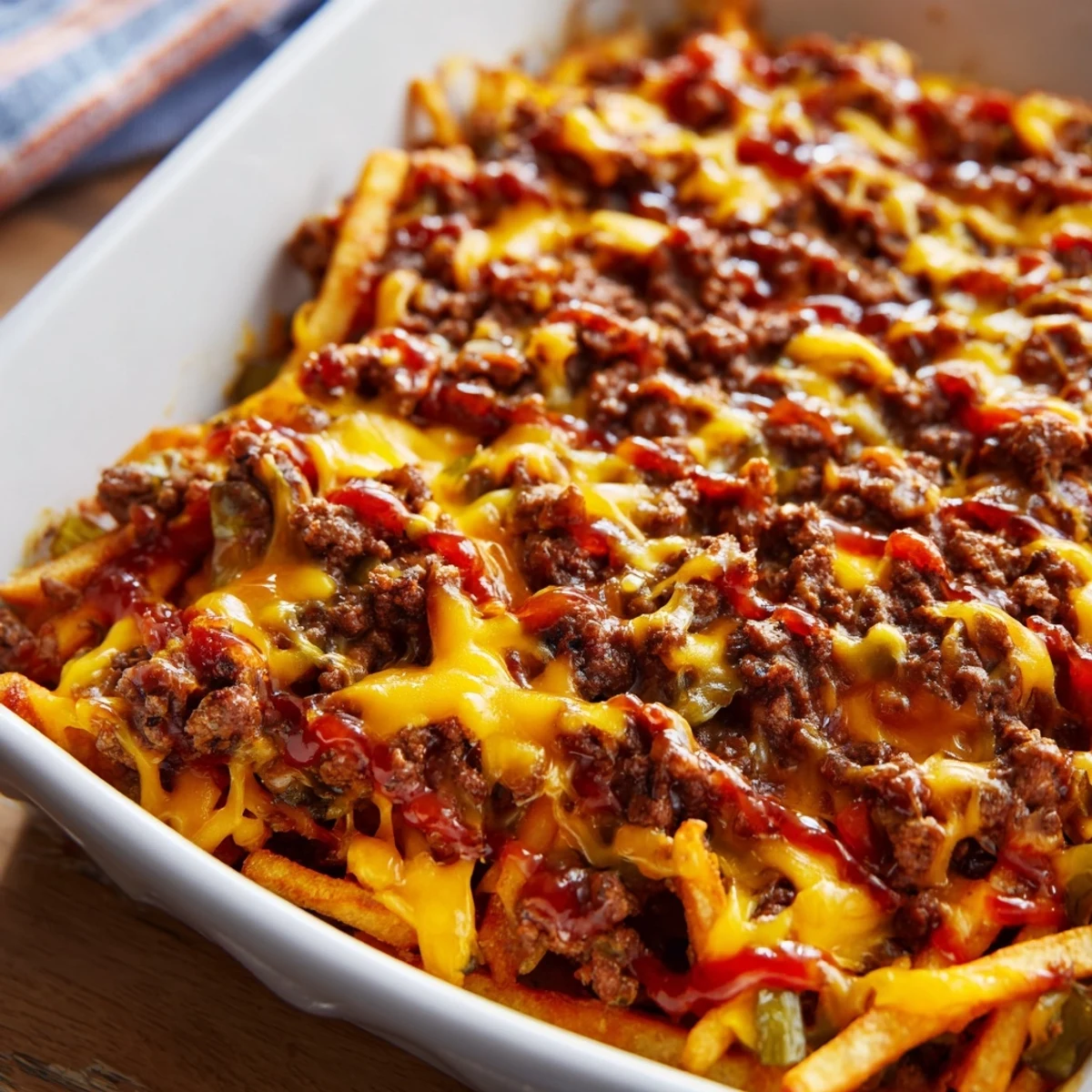 Hearty beef and cheese casserole topped with crunchy golden french fries fresh from oven