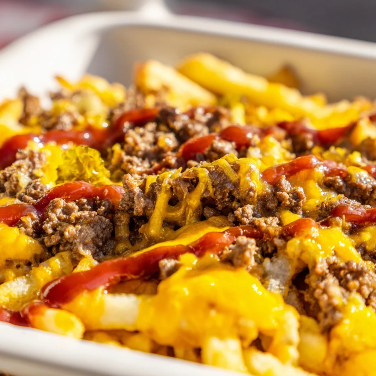 Family-style cheeseburger french fry casserole with ground beef layers and gooey melted cheese topping