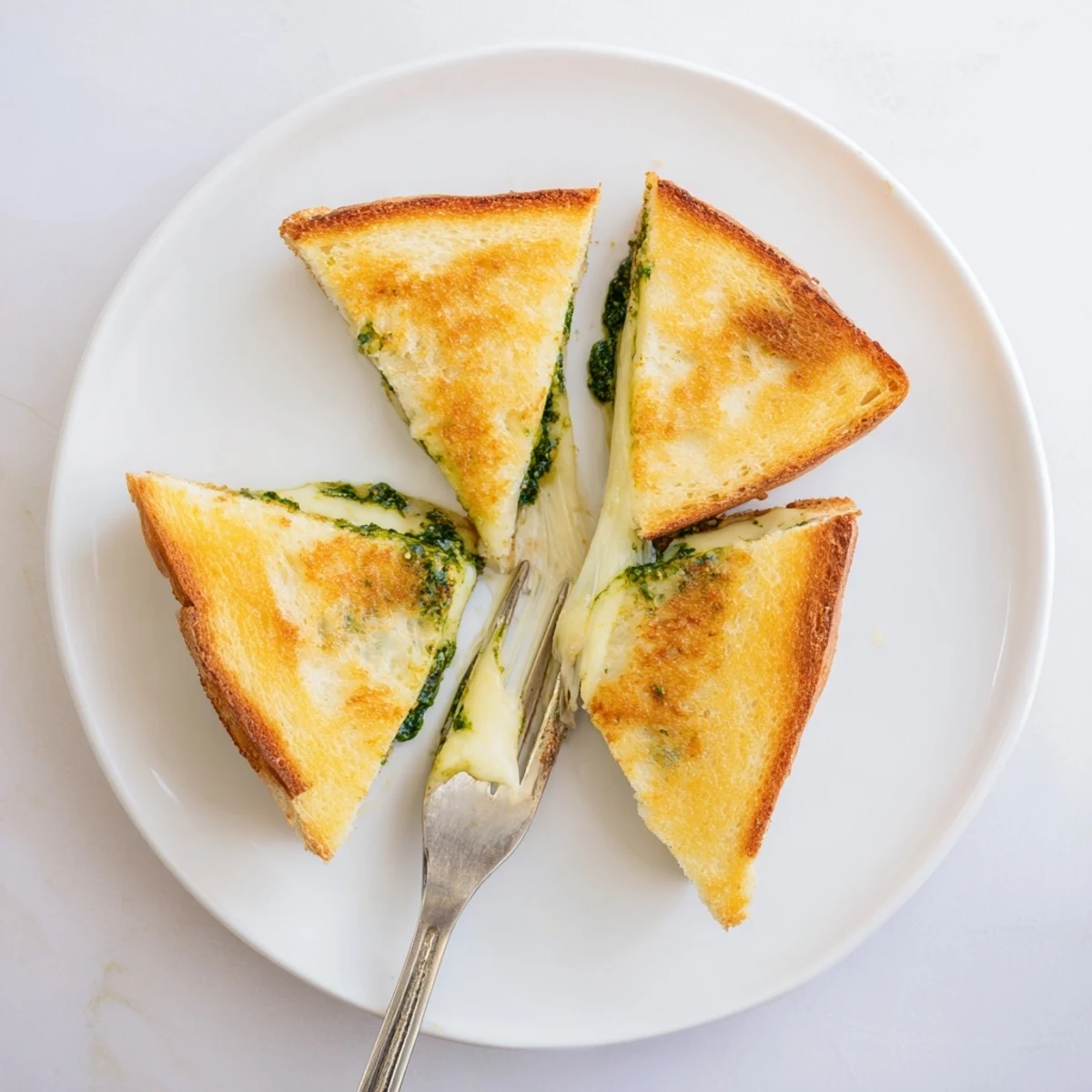 Golden brown pesto grilled cheese sandwich oozing melted mozzarella on sourdough bread