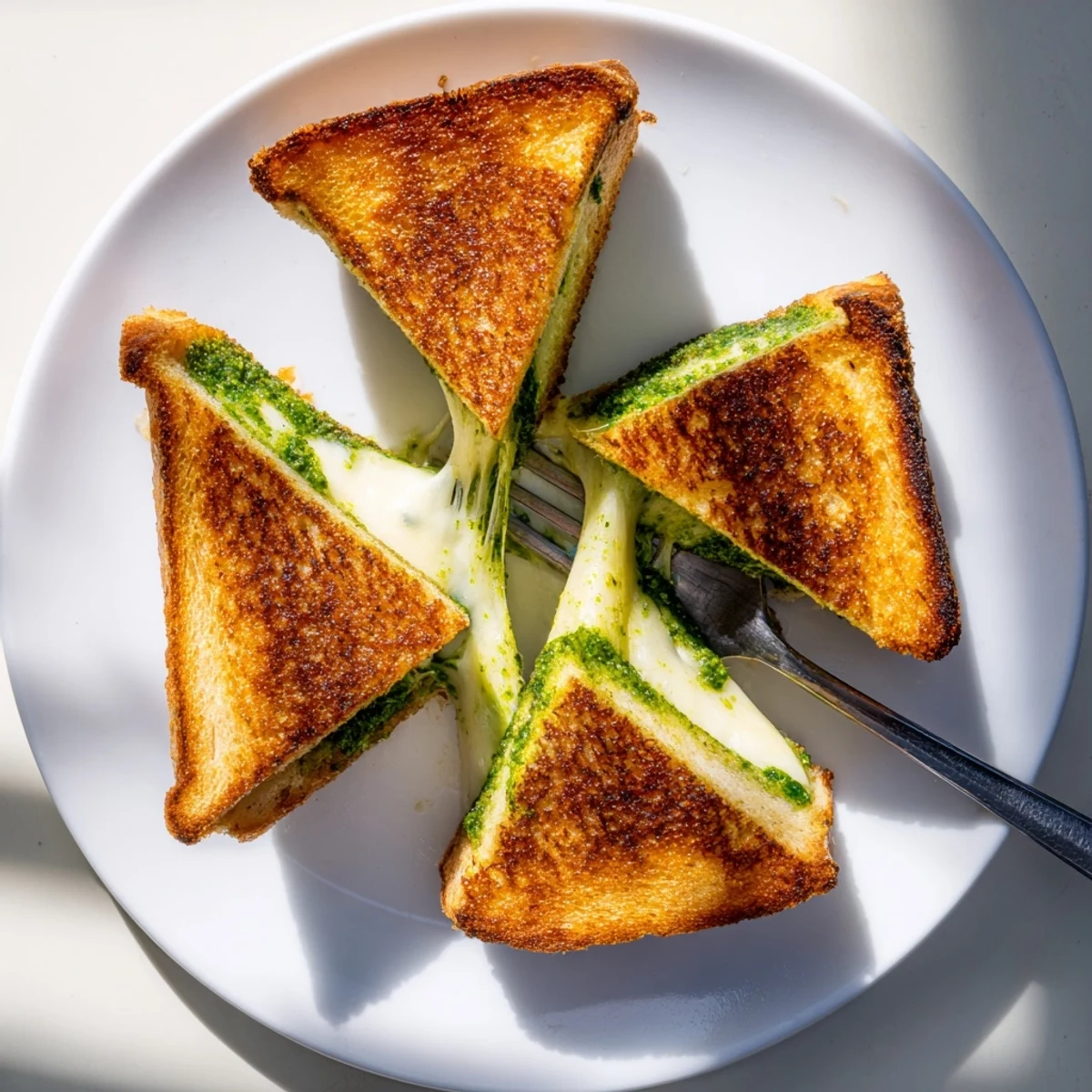 Sliced pesto grilled cheese revealing gooey cheese and vibrant green basil layers