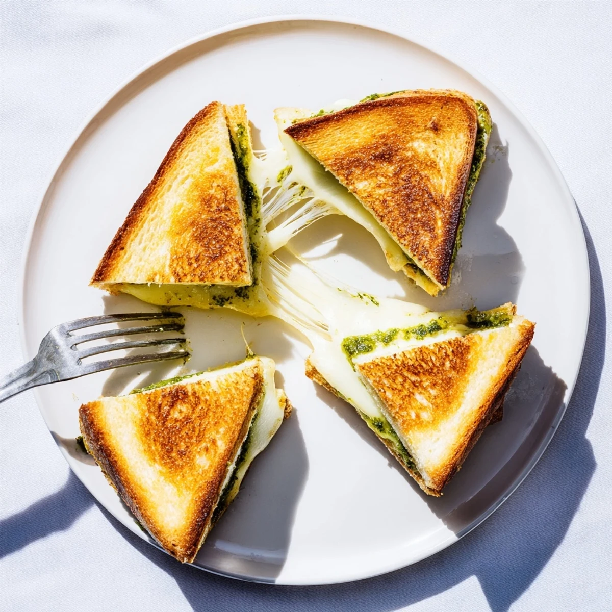 Crispy pesto grilled cheese sandwich served on a white plate with tomato soup