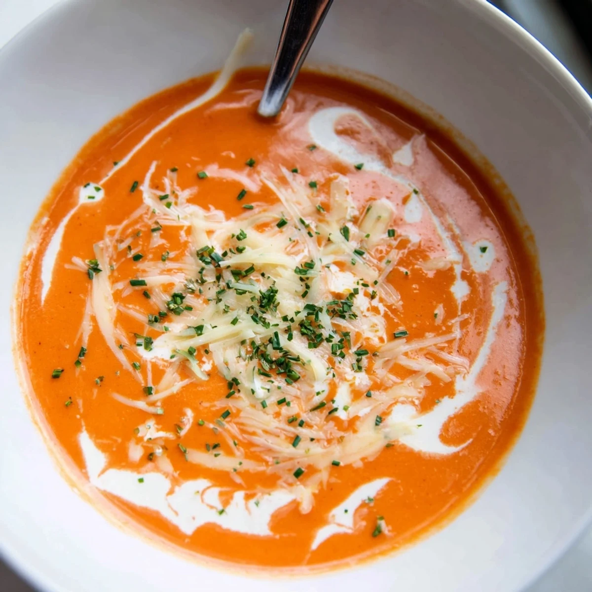 Creamy roasted red pepper Gouda soup topped with melted cheese and fresh chives in a white bowl