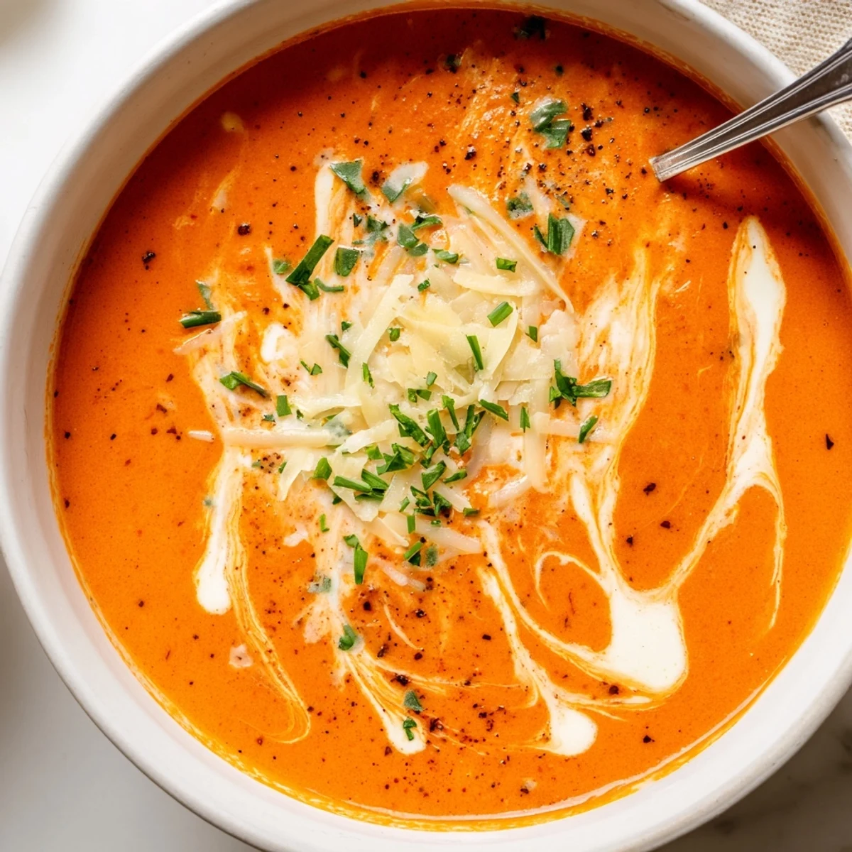 Velvety orange roasted red pepper Gouda soup garnished with chopped herbs and extra shredded cheese