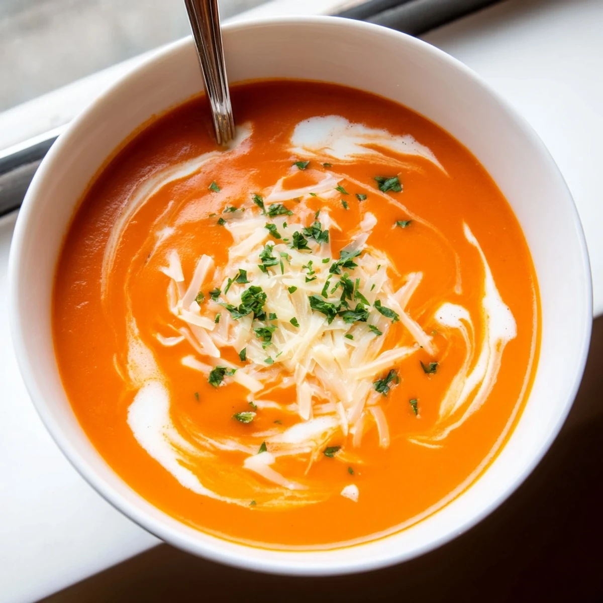 Smooth roasted red pepper Gouda soup ladled into a rustic bowl with crusty bread on the side