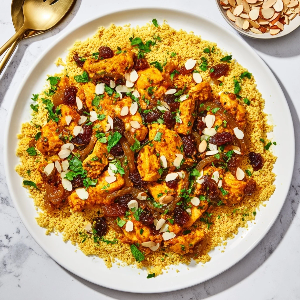 Fluffy Moroccan couscous topped with caramelized onions, raisins, toasted almonds, and tender chicken pieces