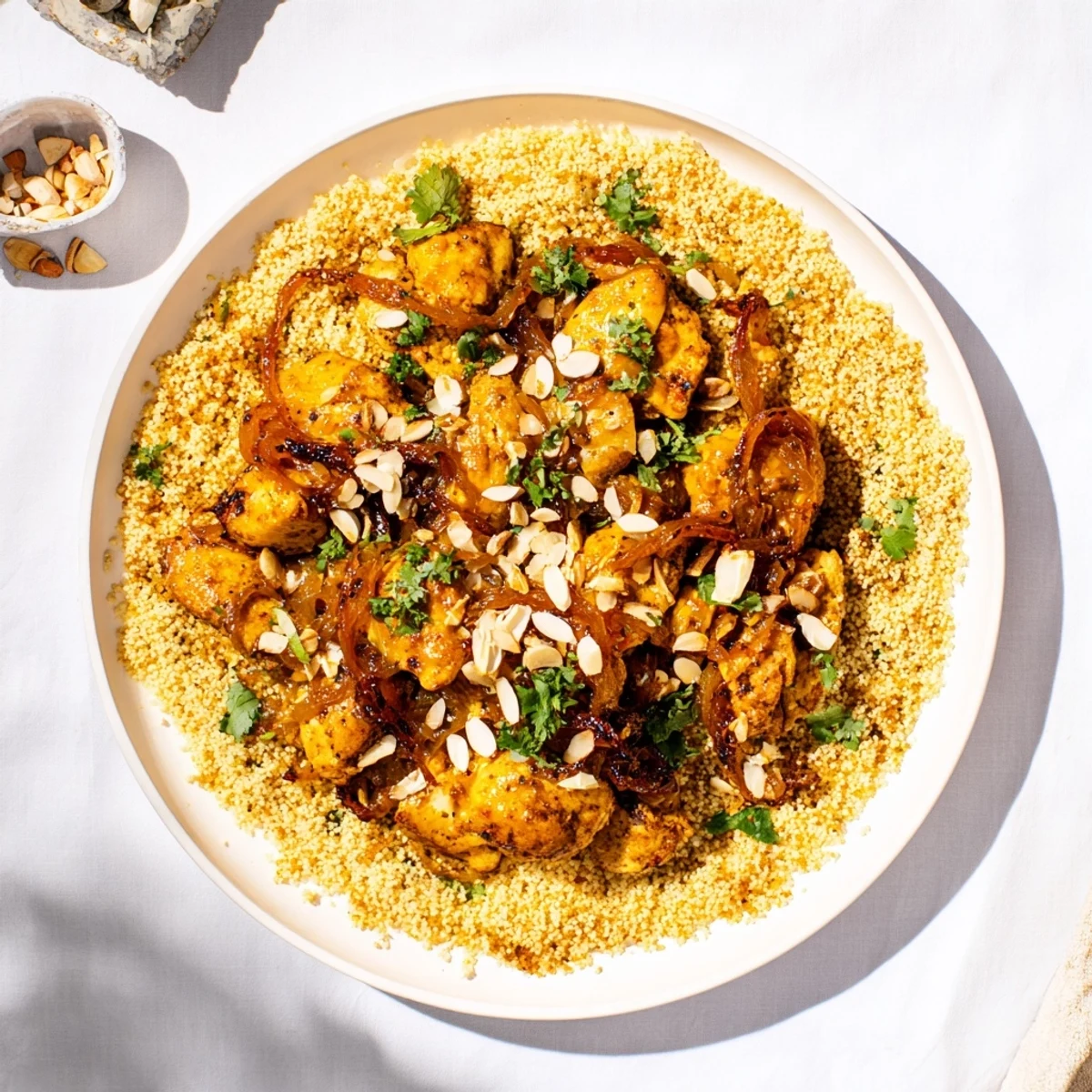 Golden couscous mound crowned with sweet onion raisin tfaya, spiced chicken, and crunchy almond garnish