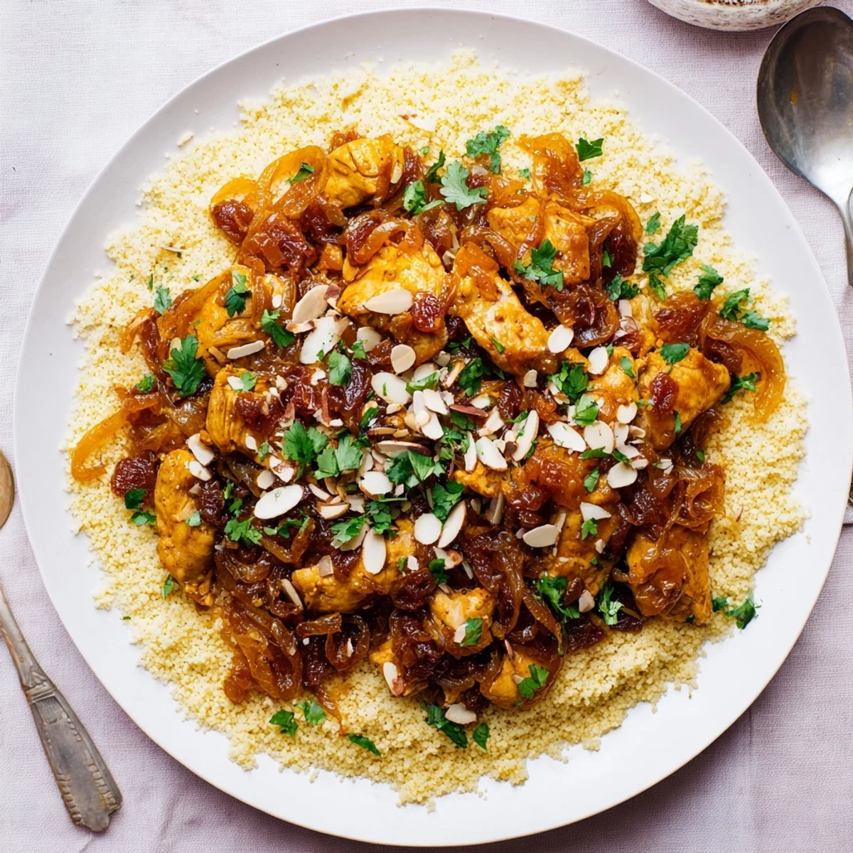 Steaming plate of Moroccan couscous with honey-glazed onions, plump raisins, almonds, and aromatic spiced chicken