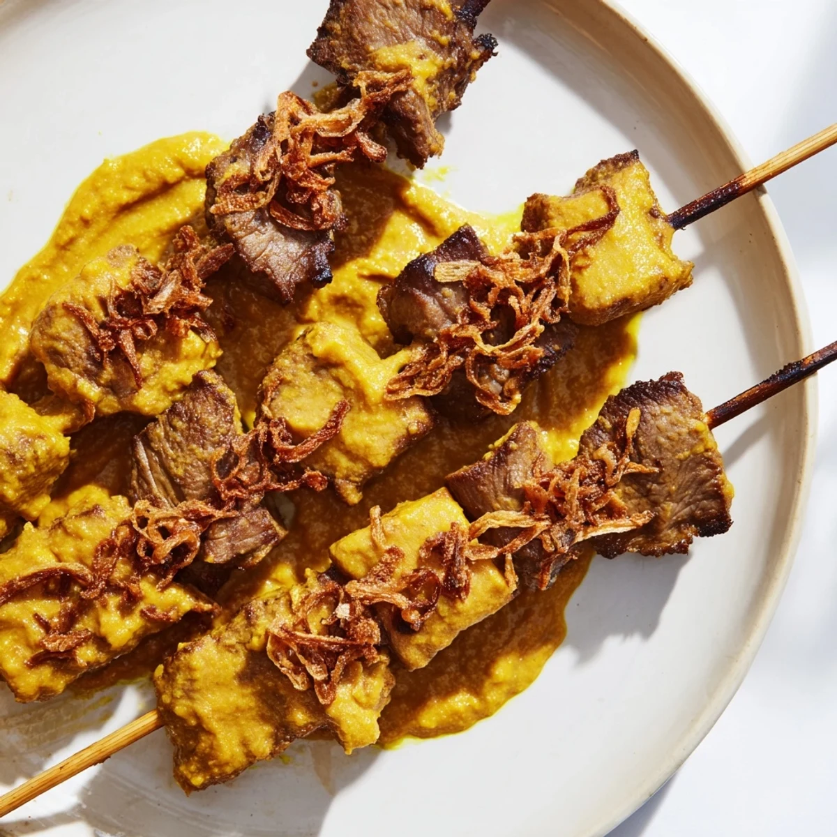 Tender Indonesian Sate Padang beef skewers draped in rich spicy yellow sauce with fried shallots