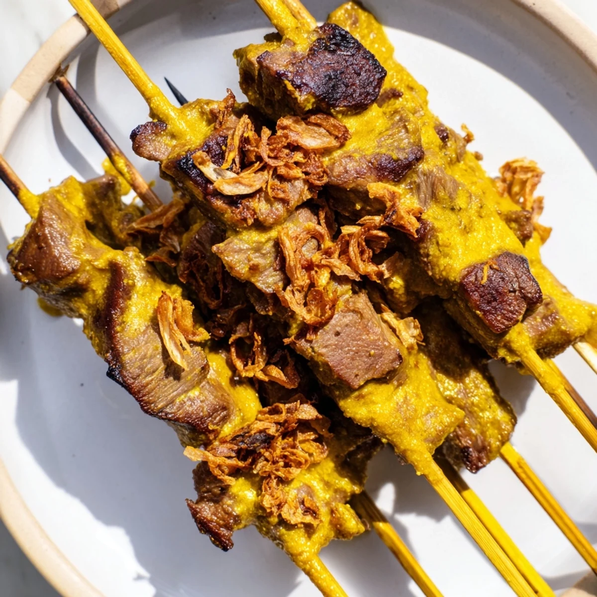 Grilled Sate Padang beef skewers served over rice cakes topped with thick aromatic spiced Padang sauce