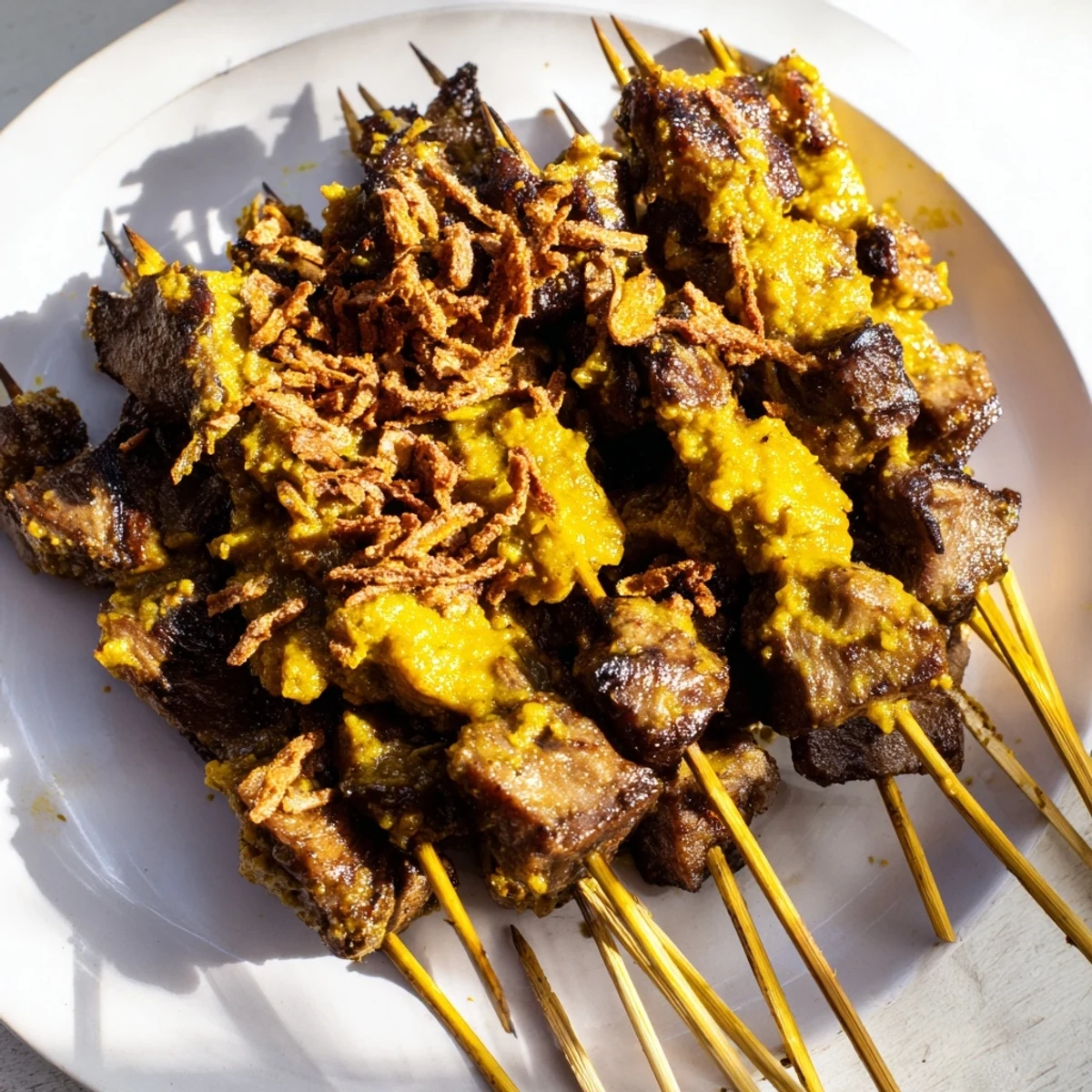 Golden Indonesian Sate Padang beef skewers with charred edges smothered in creamy turmeric beef sauce