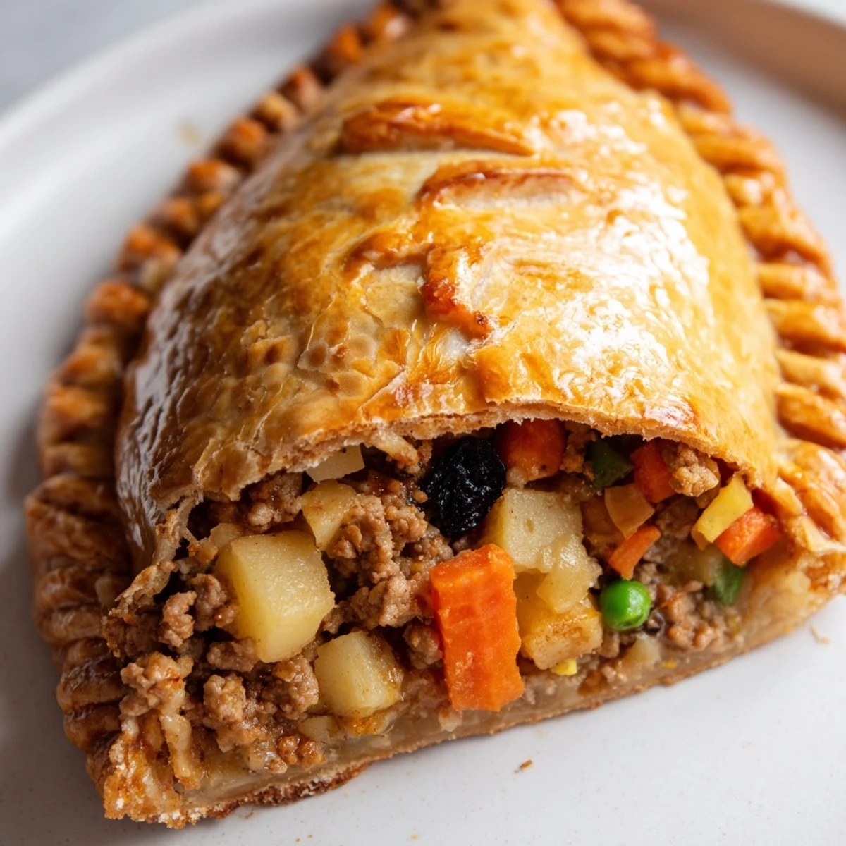 Golden brown Filipino empanada stuffed pastry featuring savory meat and vegetable filling